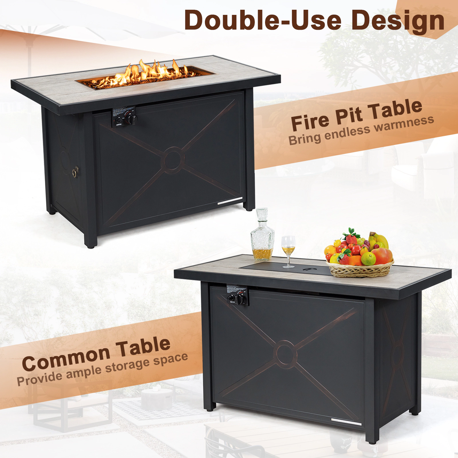 SUGIFT 42-Inch Rectangular Propane Fire Pit Table with Ceramic Tile Top and 60000 BTU Black