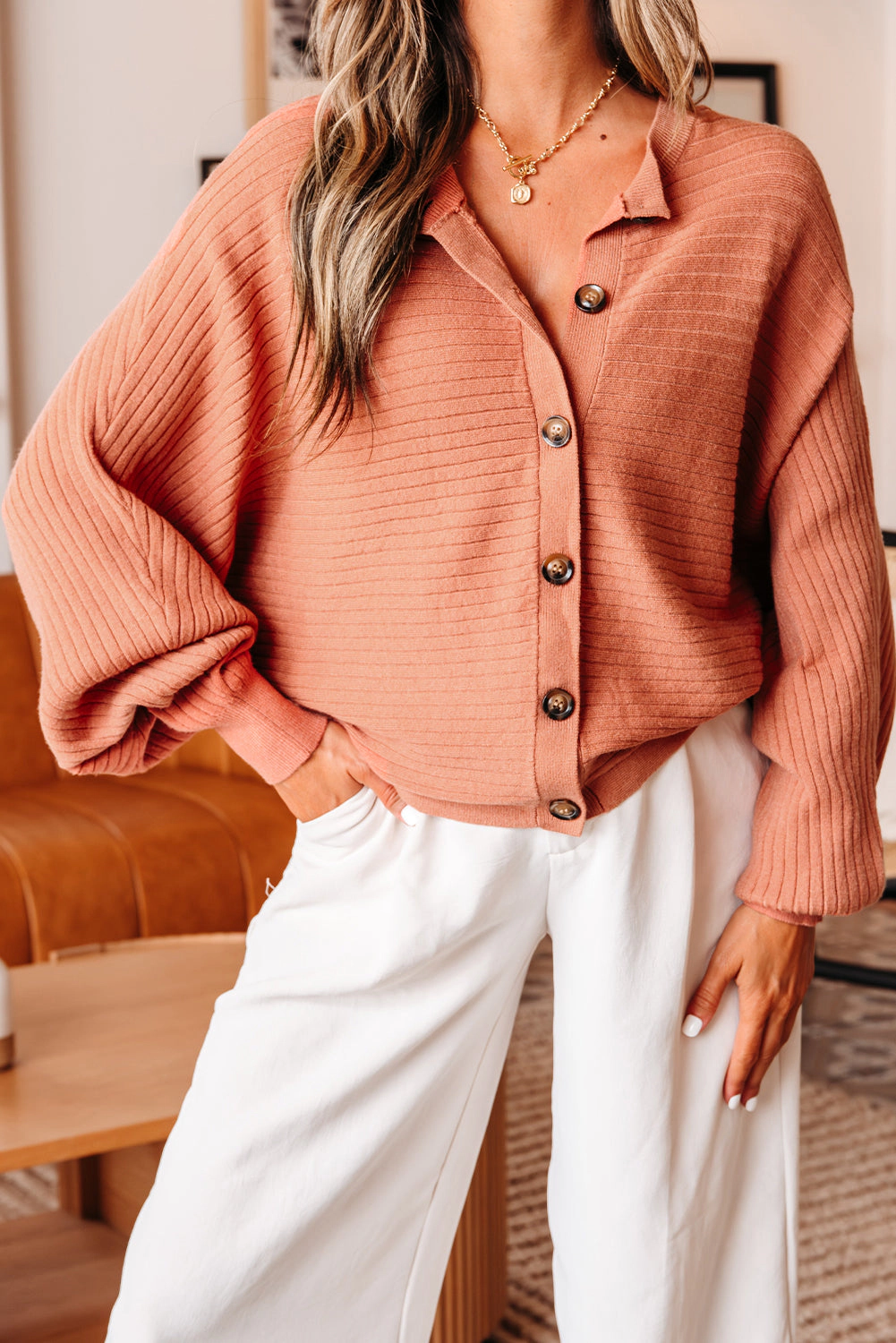 Threaded Pear Women's Parker Button Front Dolman Sleeve Sweater Cardigan