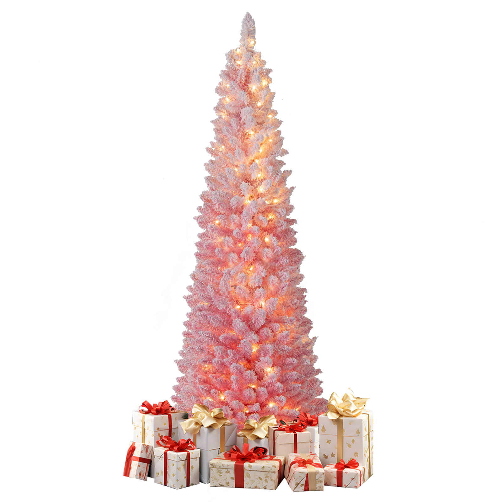 LJG Snow-Flocked Artificial Pink Christmas Tree Pre-Lit Hinged Xmas Tree for Holiday Decoration