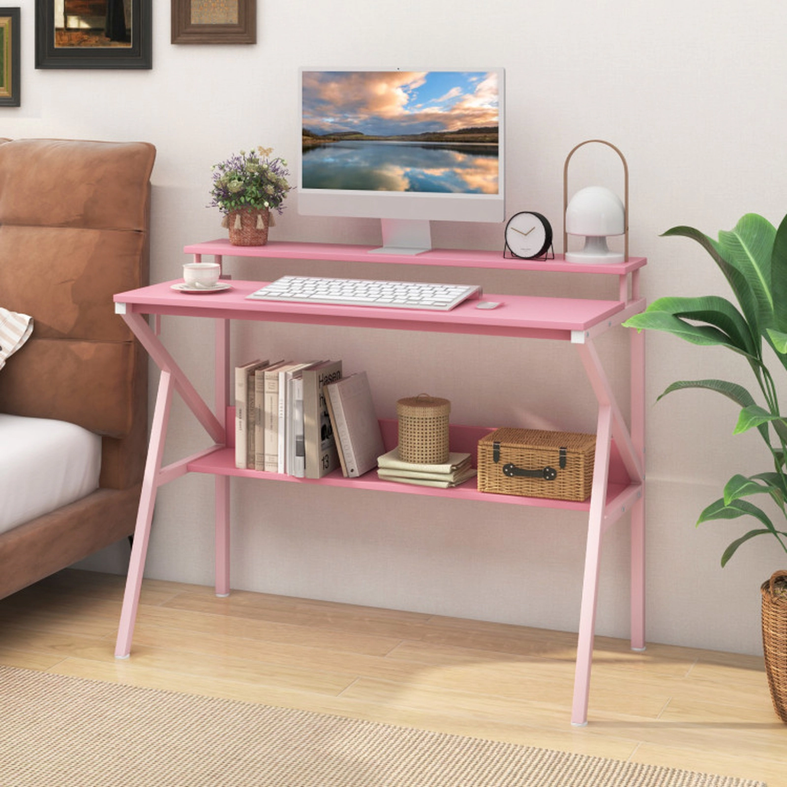 SUGIFT 39.5-in Pink Computer Desk with Monitor Stand, Shelf and Hooks