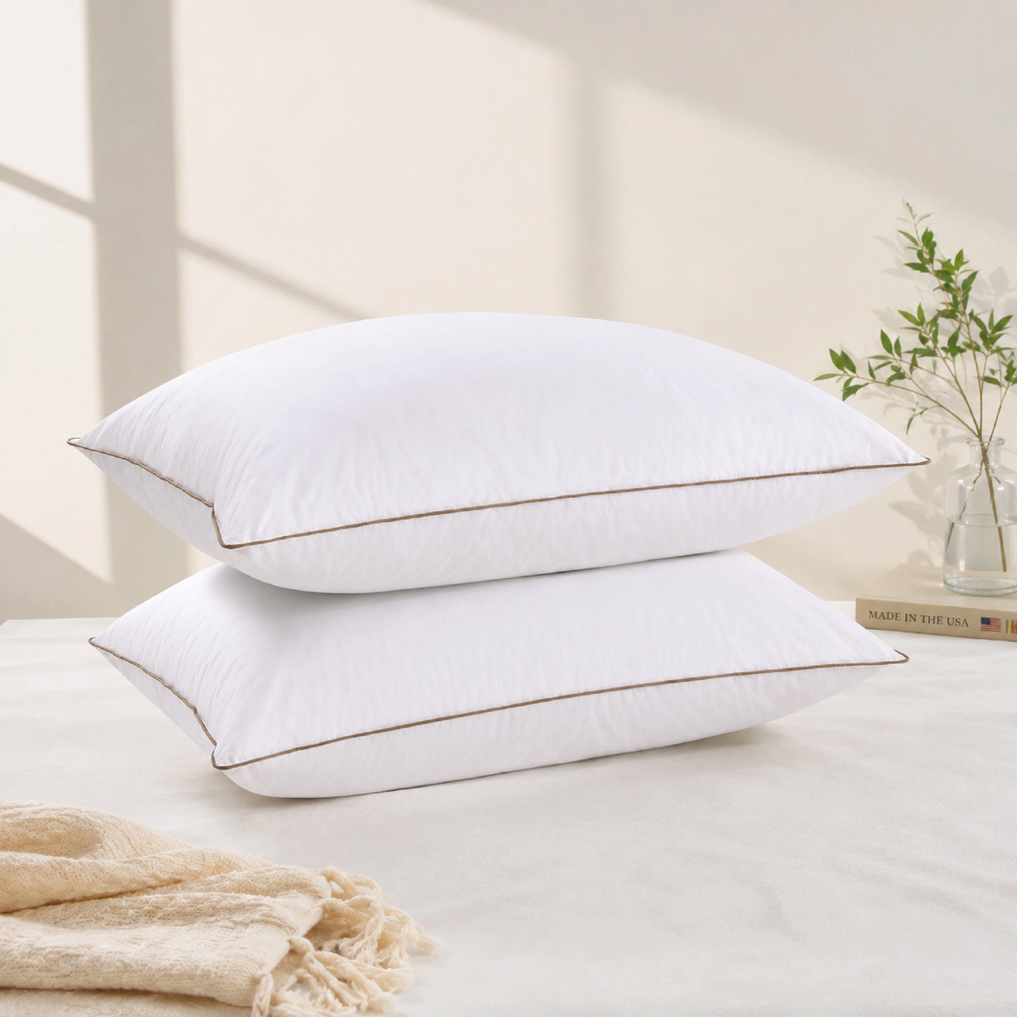 PEACENET Goose Feather and Down Bed Pillows with Double-Layer Shell and Brown Piping,Set of 2