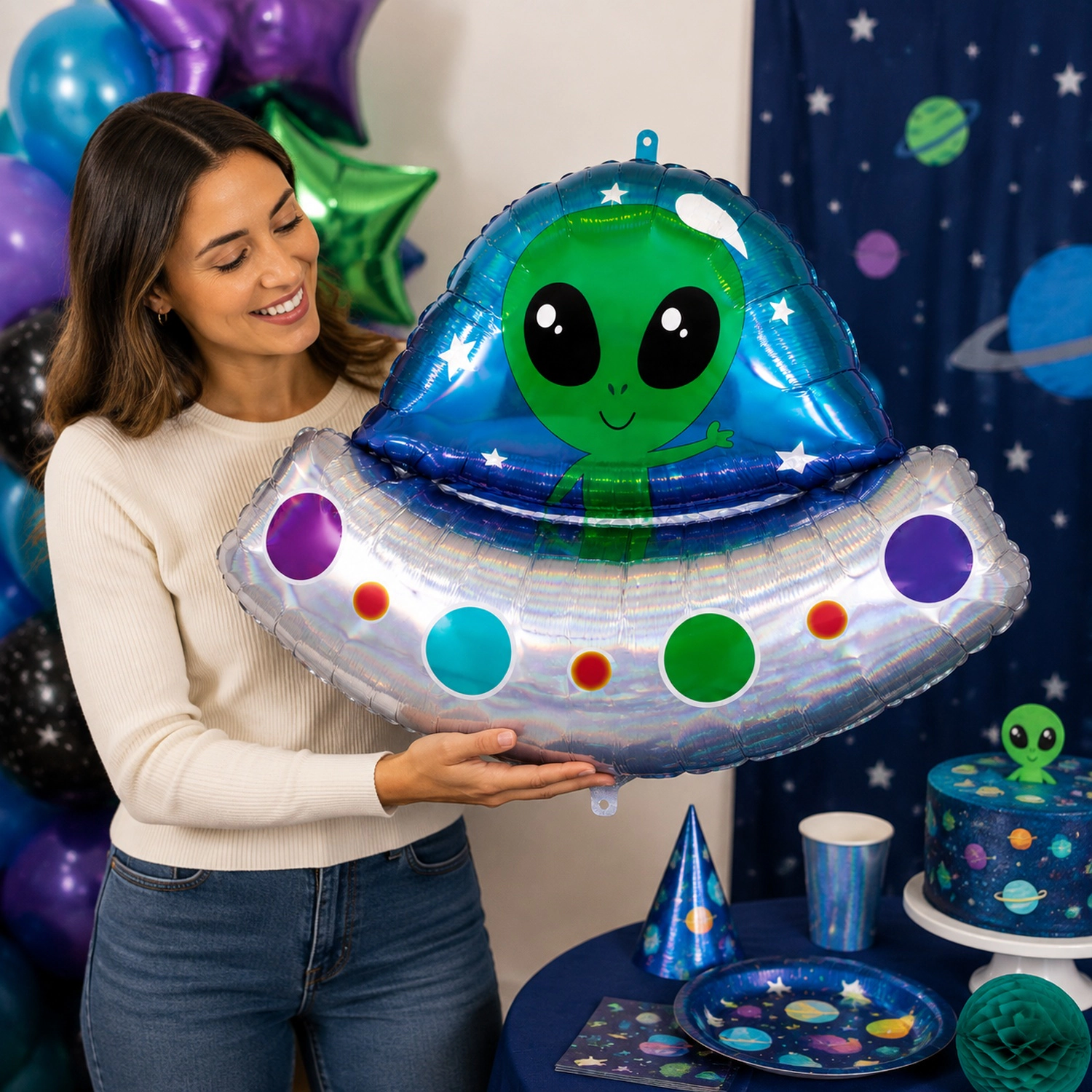 LoonBalloon 28 in Holographic Foil Balloons 5-Pack, Alien Space Ship Design