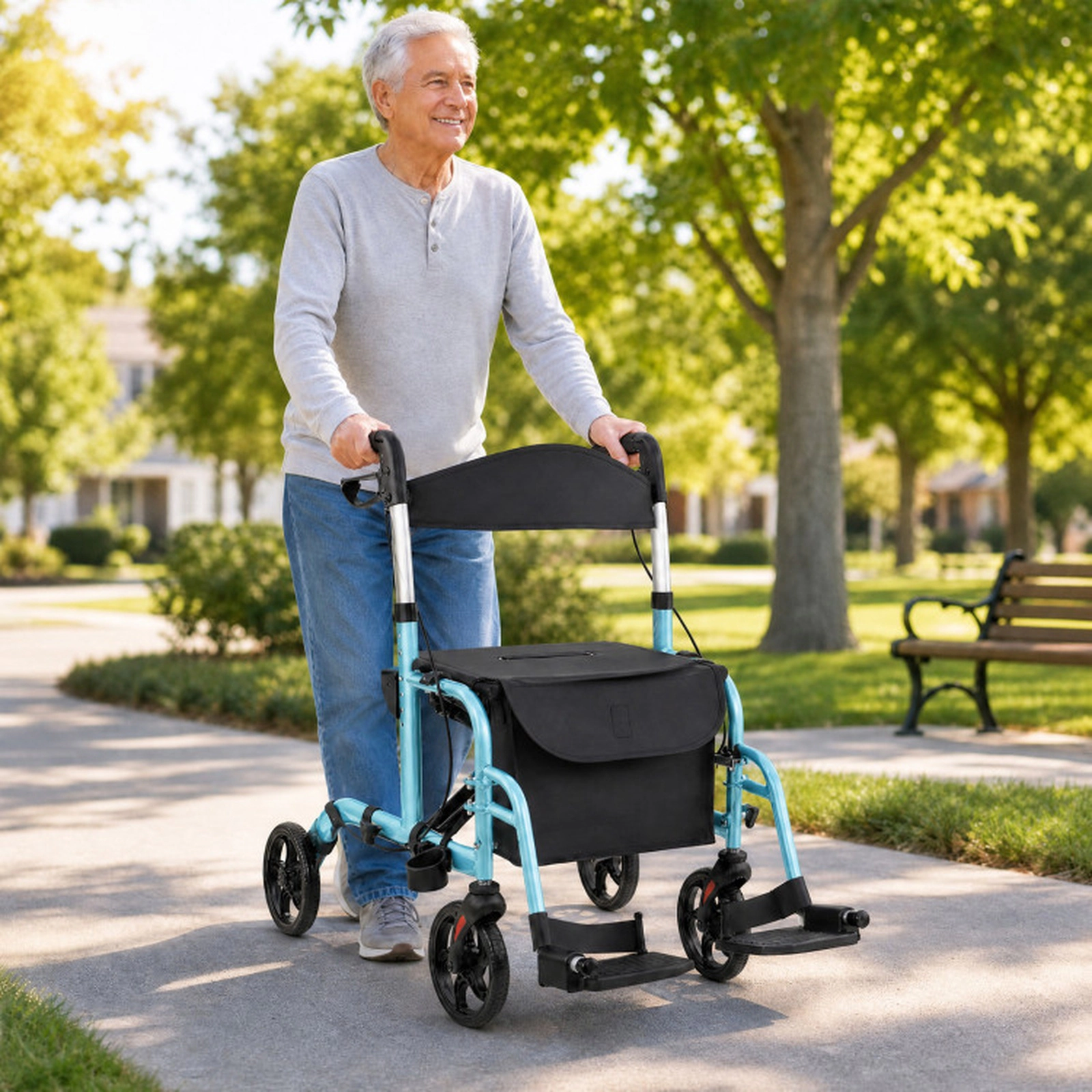 SUGIFT 2-in-1 Adjustable Folding Handle Rollator Walker and Wheelchair 300-lb Capacity Blue