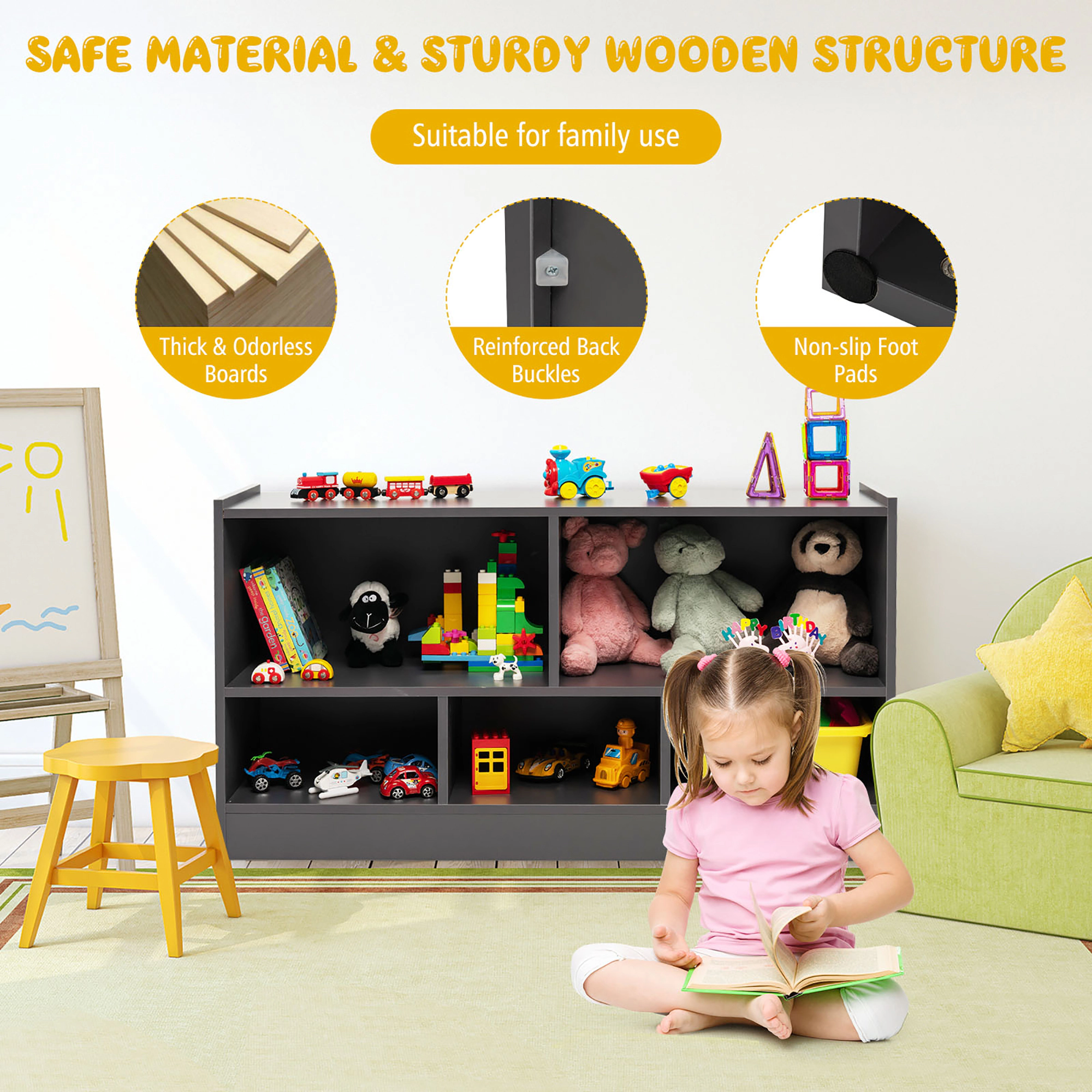 Costway Kids 2-Shelf Bookcase 5-Cube Wood Toy Storage Cabinet Organizer Grey