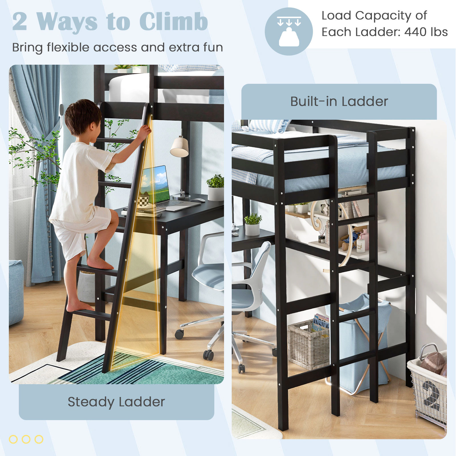 SUGIFT Espresso Angled Desk and Built-in Ladder Twin Teens Loft Bed Frame