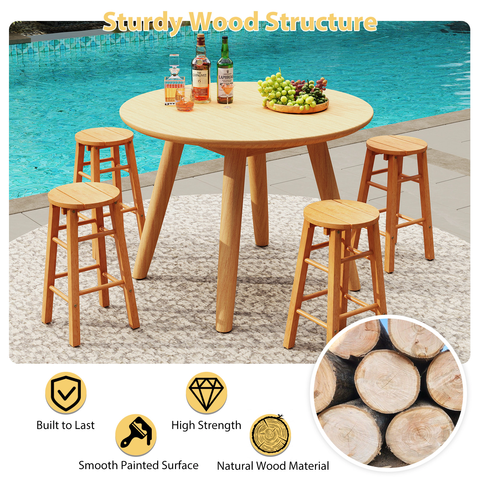 SUGIFT Round Seat and Footrest Set of 2 Natural Eucalyptus Wood 24 in Outdoor Bar Stools