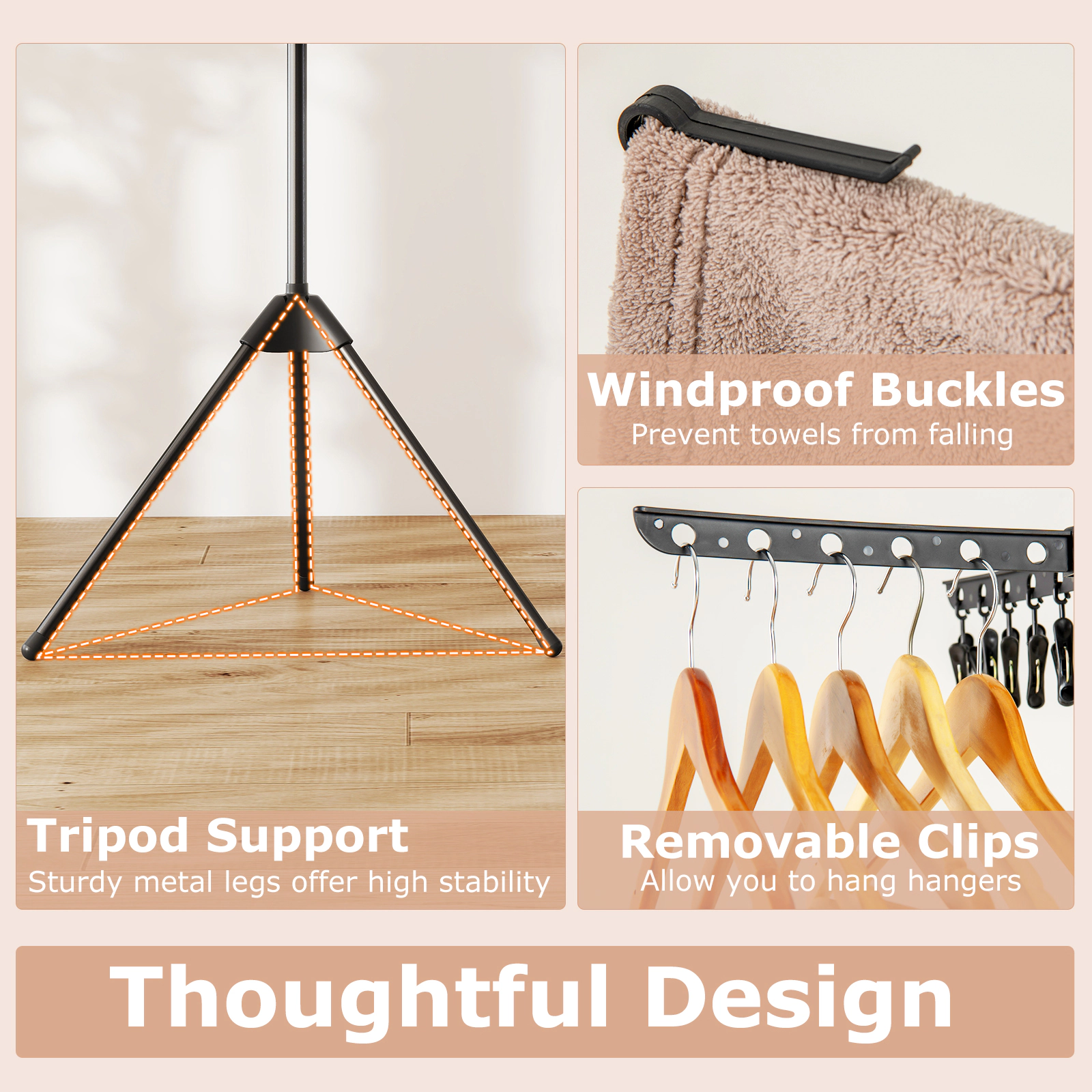 SUGIFT 3-Tier Tripod Freestanding Folding Clothes Drying Rack with 24 Clips 70-in Tall Black