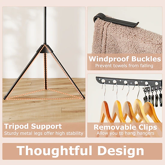 SUGIFT 3-Tier Tripod Freestanding Folding Clothes Drying Rack with 24 Clips 70-in Tall Black
