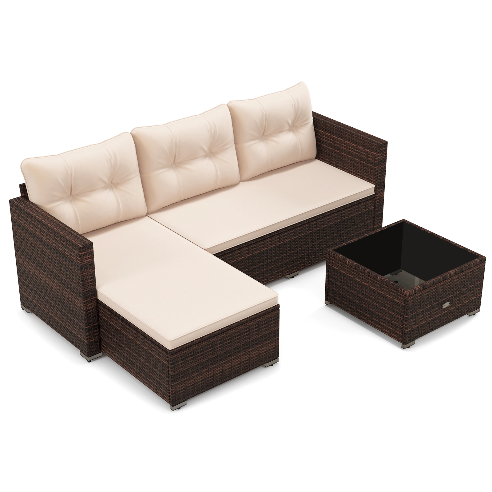 LJG 4 Seats Outdoor Wicker Furniture Set with Tempered Glass Coffee Table and Soft Cushions