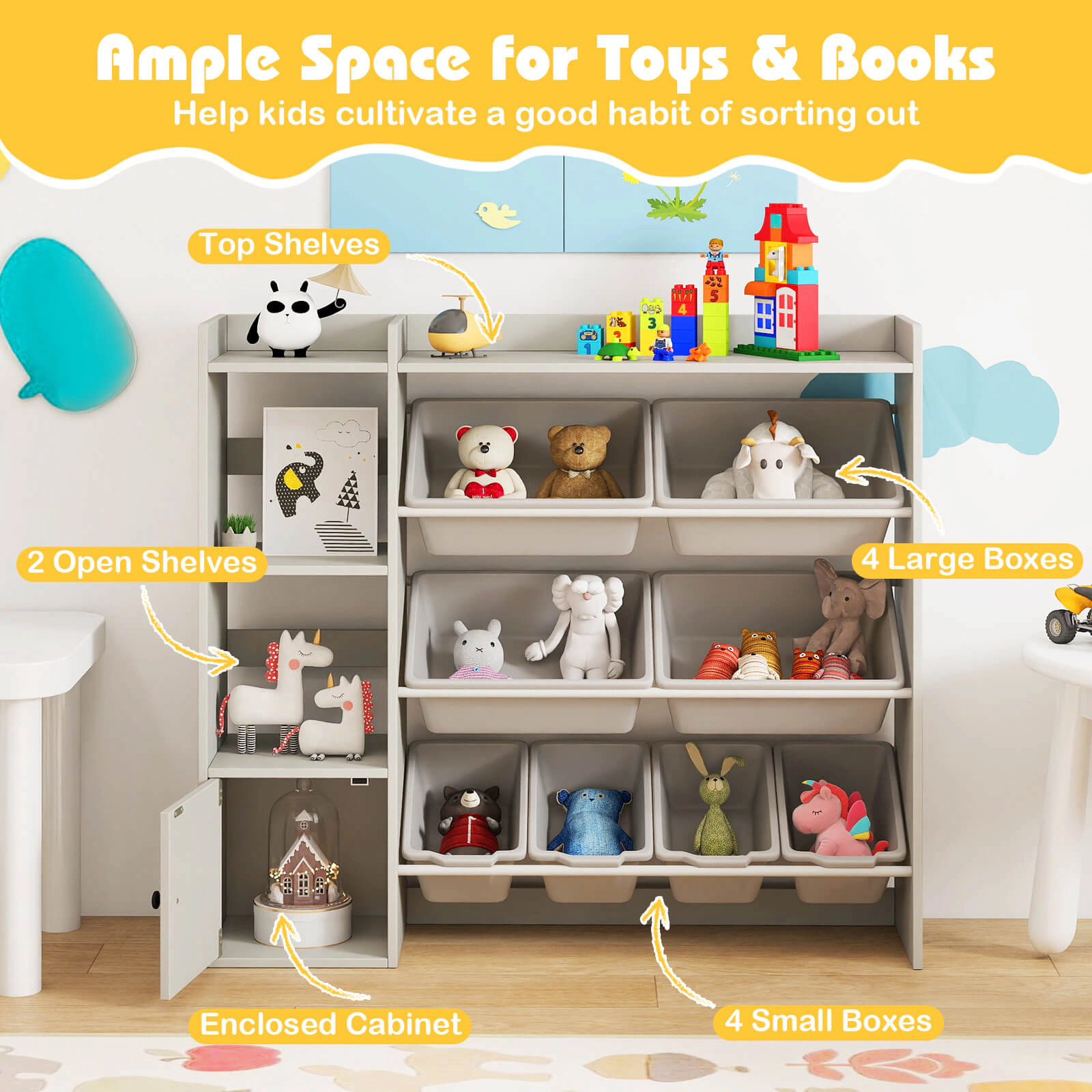 Costway Kids Toy Storage and Bookshelf, Wooden Bookcase with 4 Small Boxes & Large Gray