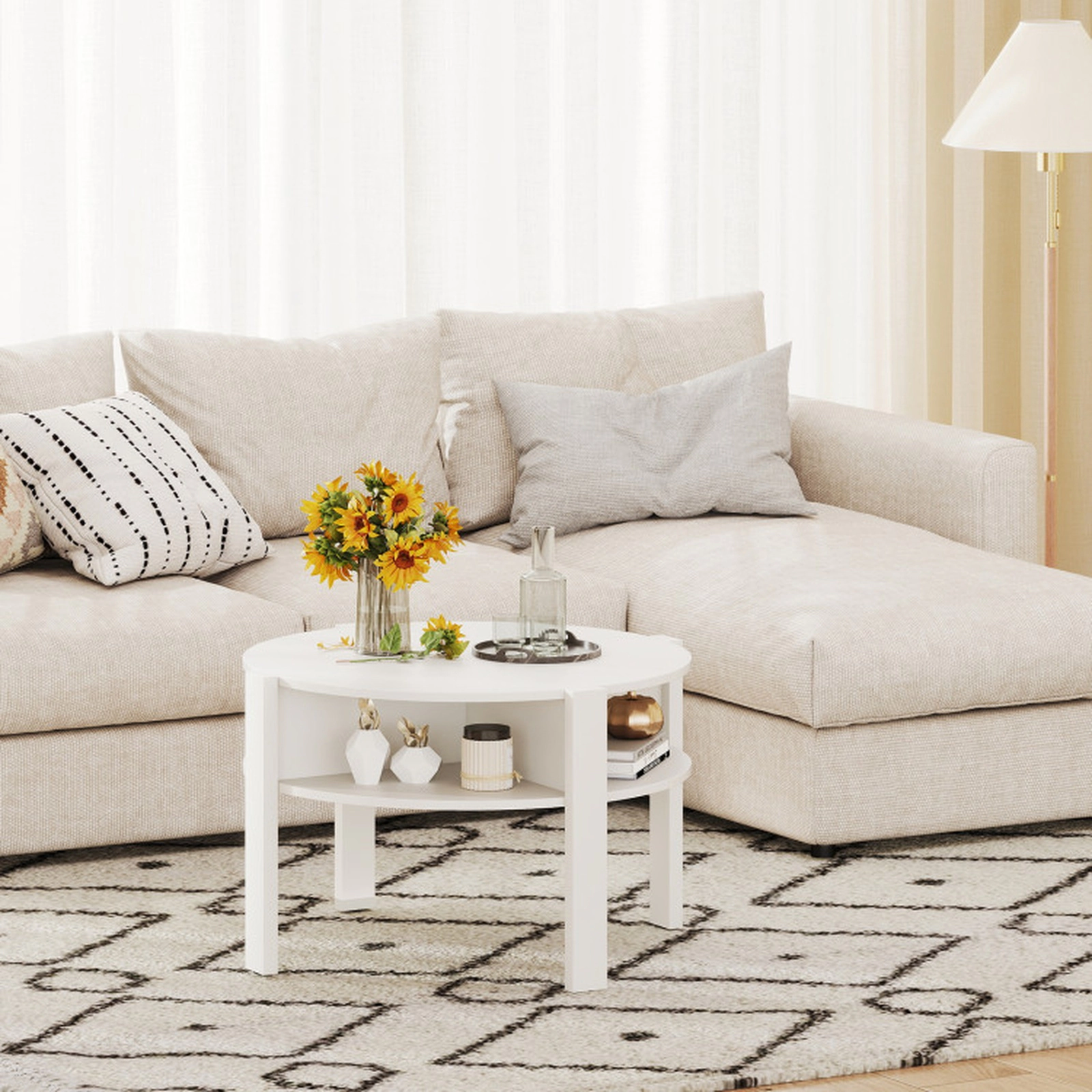 SUGIFT 29.5-in Round 135-lb Capacity White Wood Coffee Table with Side Storage Shelves and 11-in Clearance