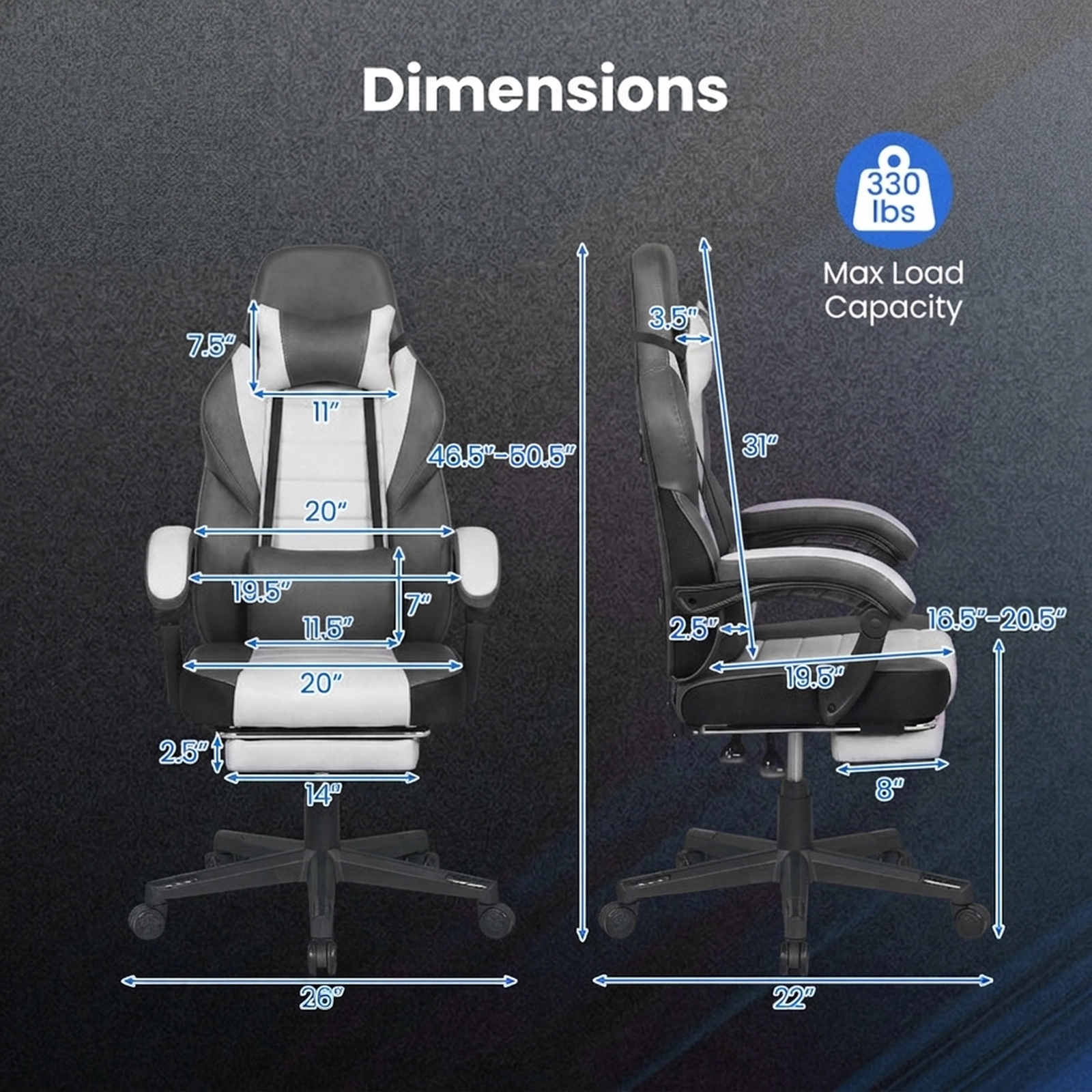 SUGIFT Gray Headrest Lumbar Support and 155-Degree Recline Ergonomic Video Game Chair