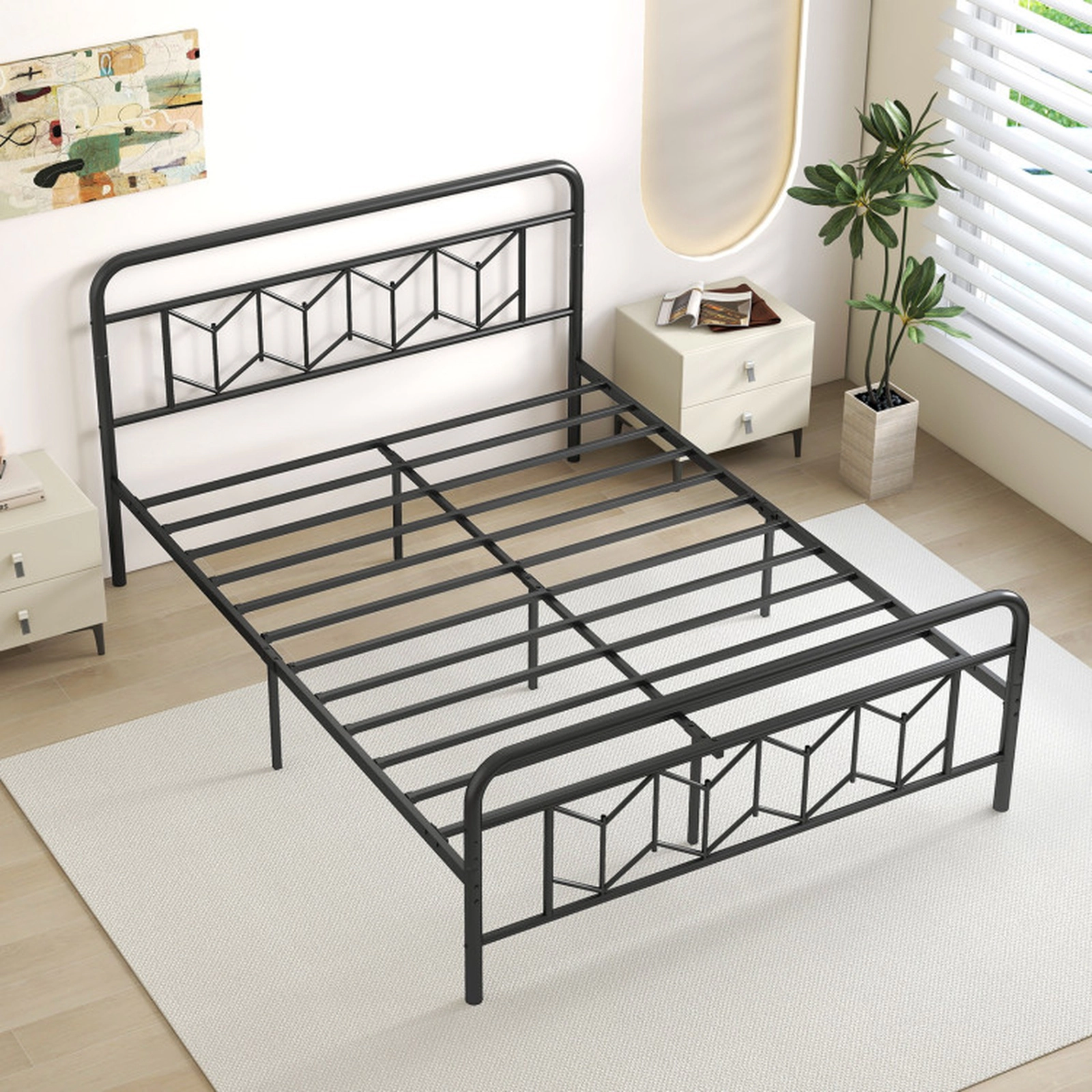 SUGIFT Black High Headboard and Snap Lock Slats Queen Size Metal Platform Bed