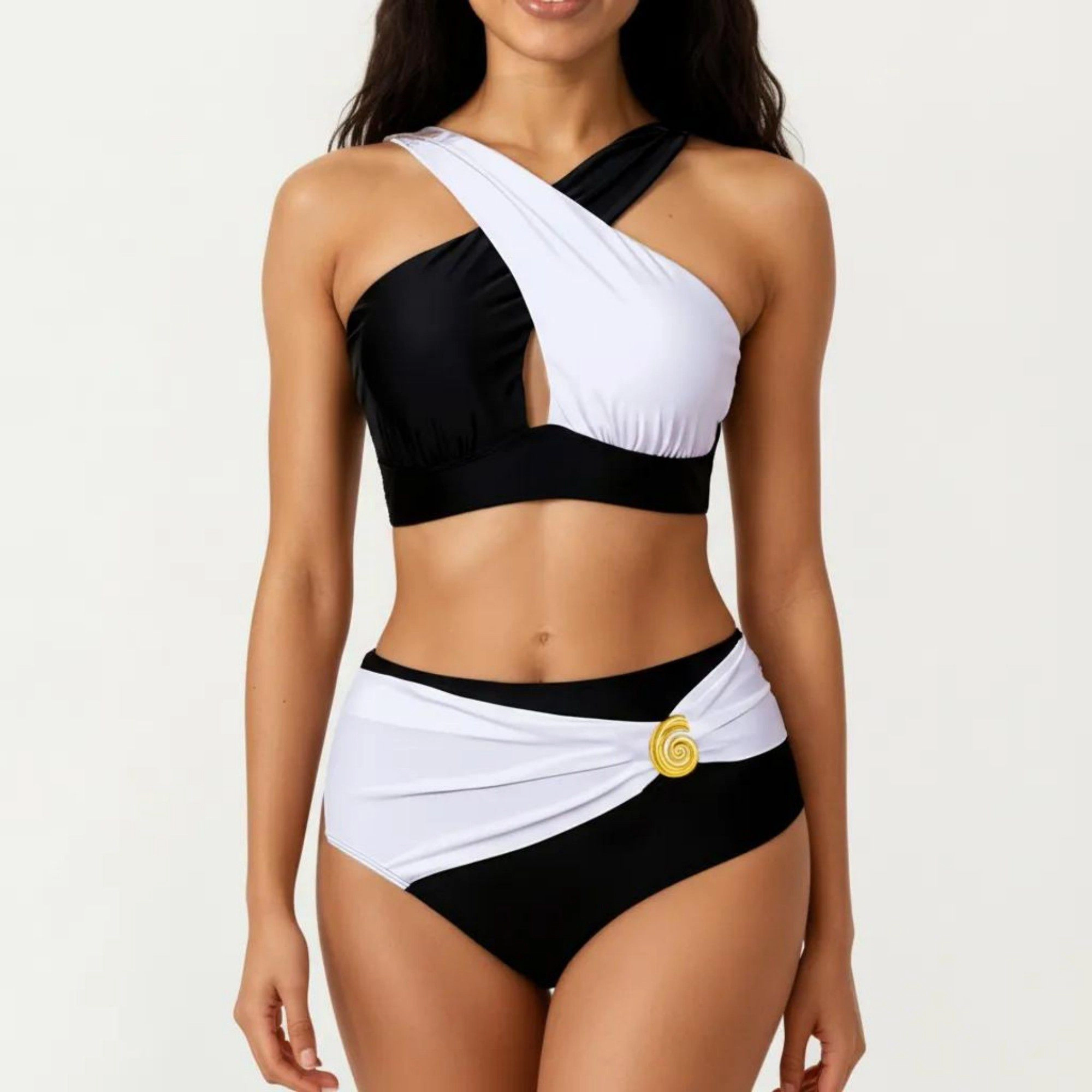 Anna-Kaci Women's 2-Piece Bikini Set with Cross Front Strap Color Block Top Cutout Detail High Waisted Bottom