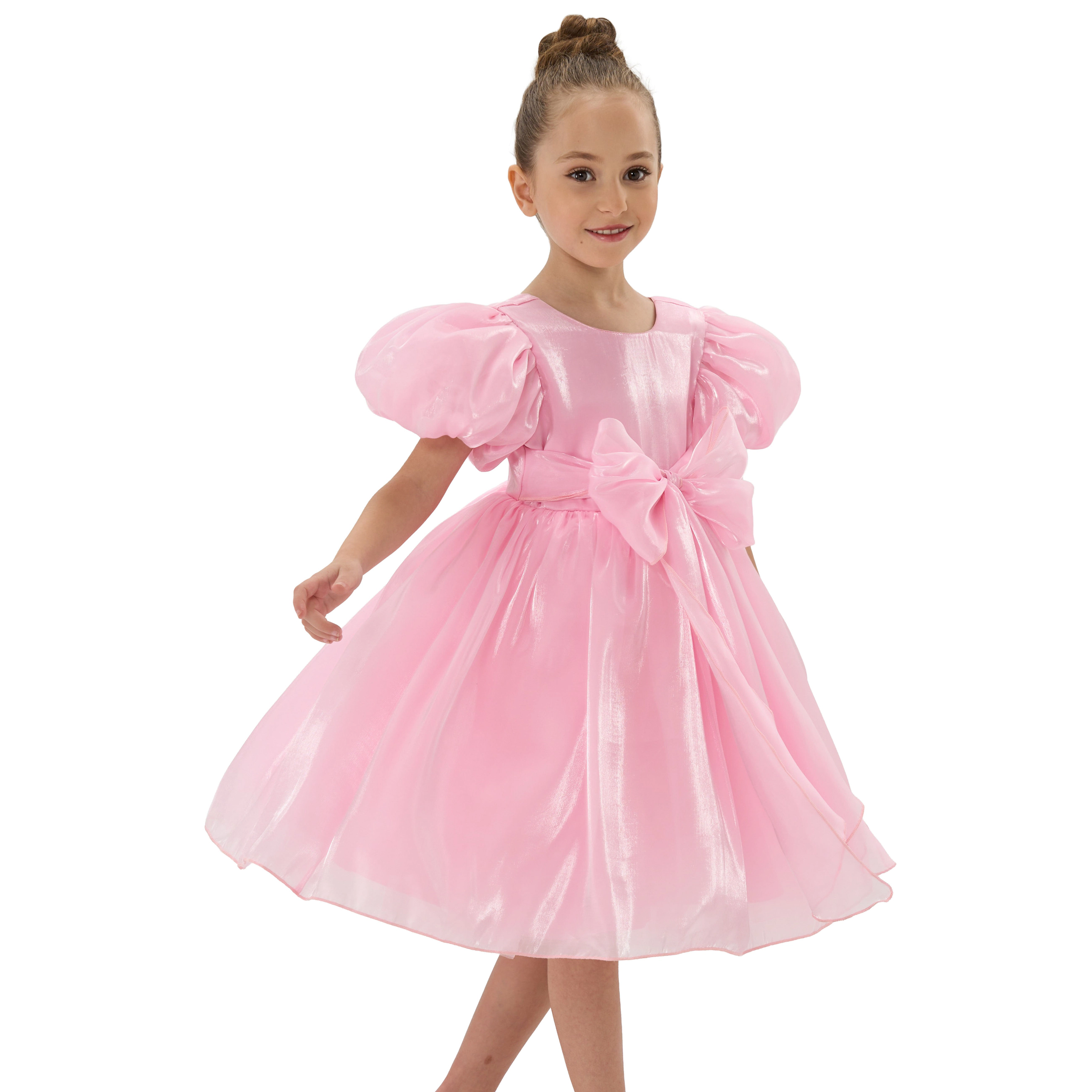 2Bunnies Girls' Glossy Organza Puff Sleeve Fit & Flare Bow Party Dress