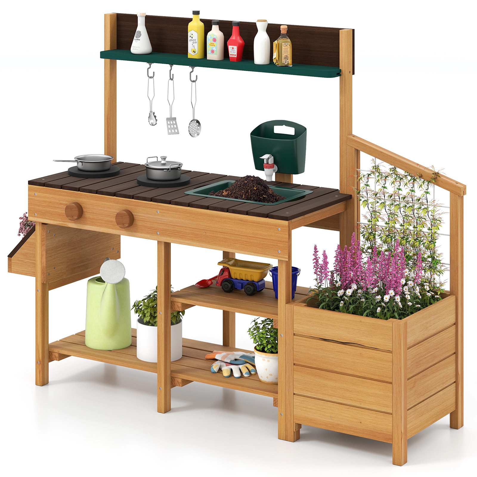 SUGIFT Planter Boxes Faucet and Cookware Kids Outdoor Wooden Mud Kitchen