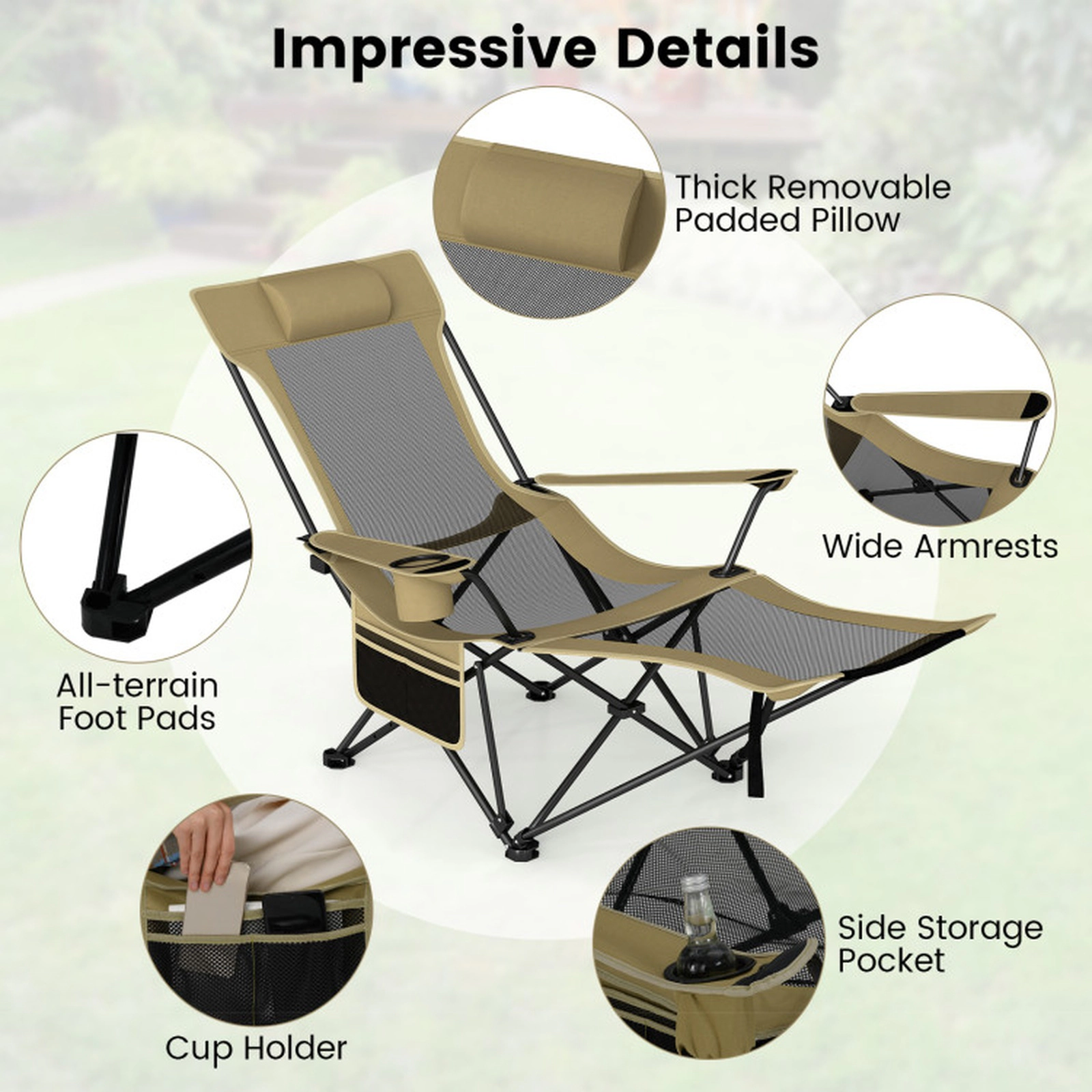 SUGIFT Reclining Camping Chair with Removable Footrest and 4-Position Backrest 330-lb Capacity Gray/Green