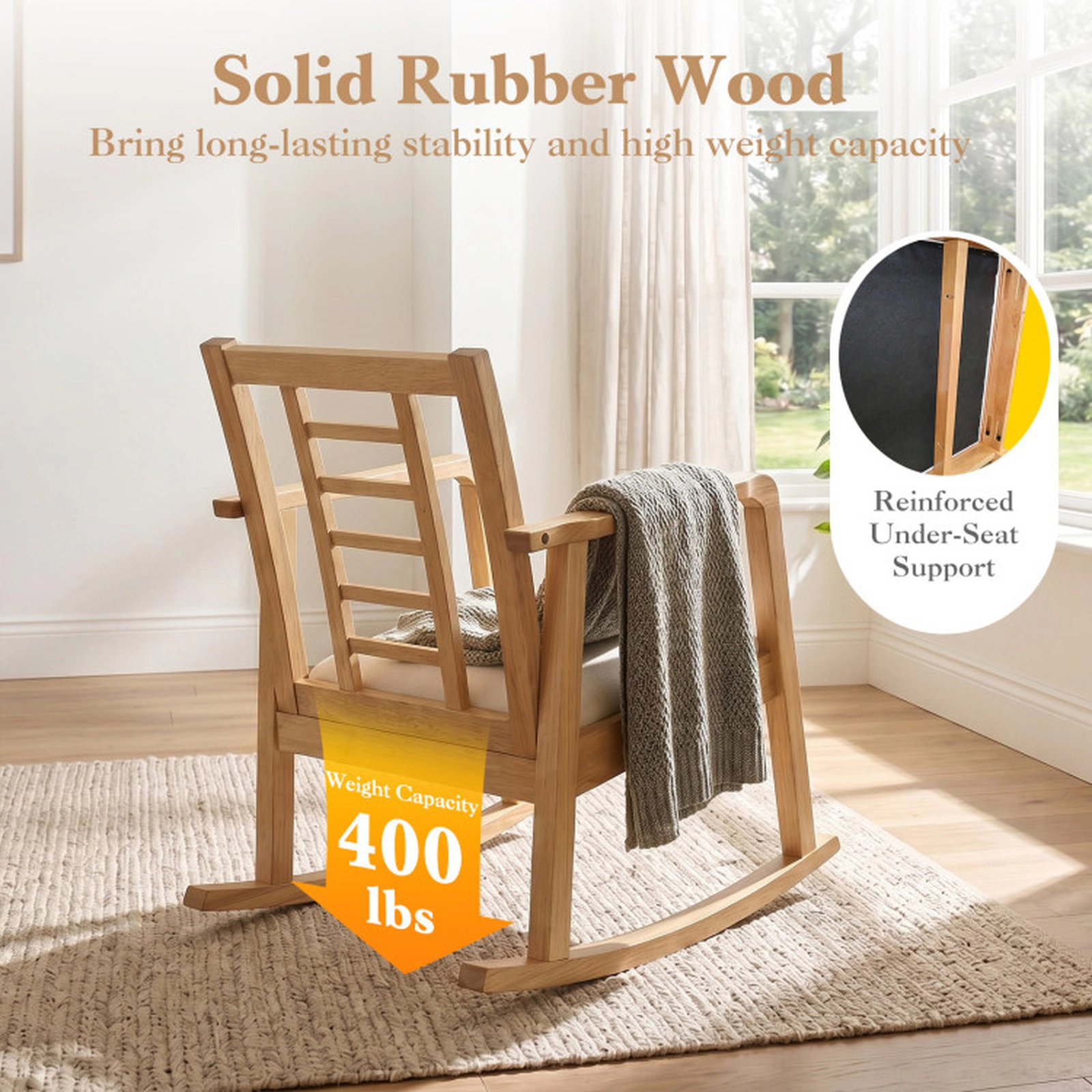 SUGIFT Small Nursery Rocking Chair, Natural Wood with Breathable Fabric Seat