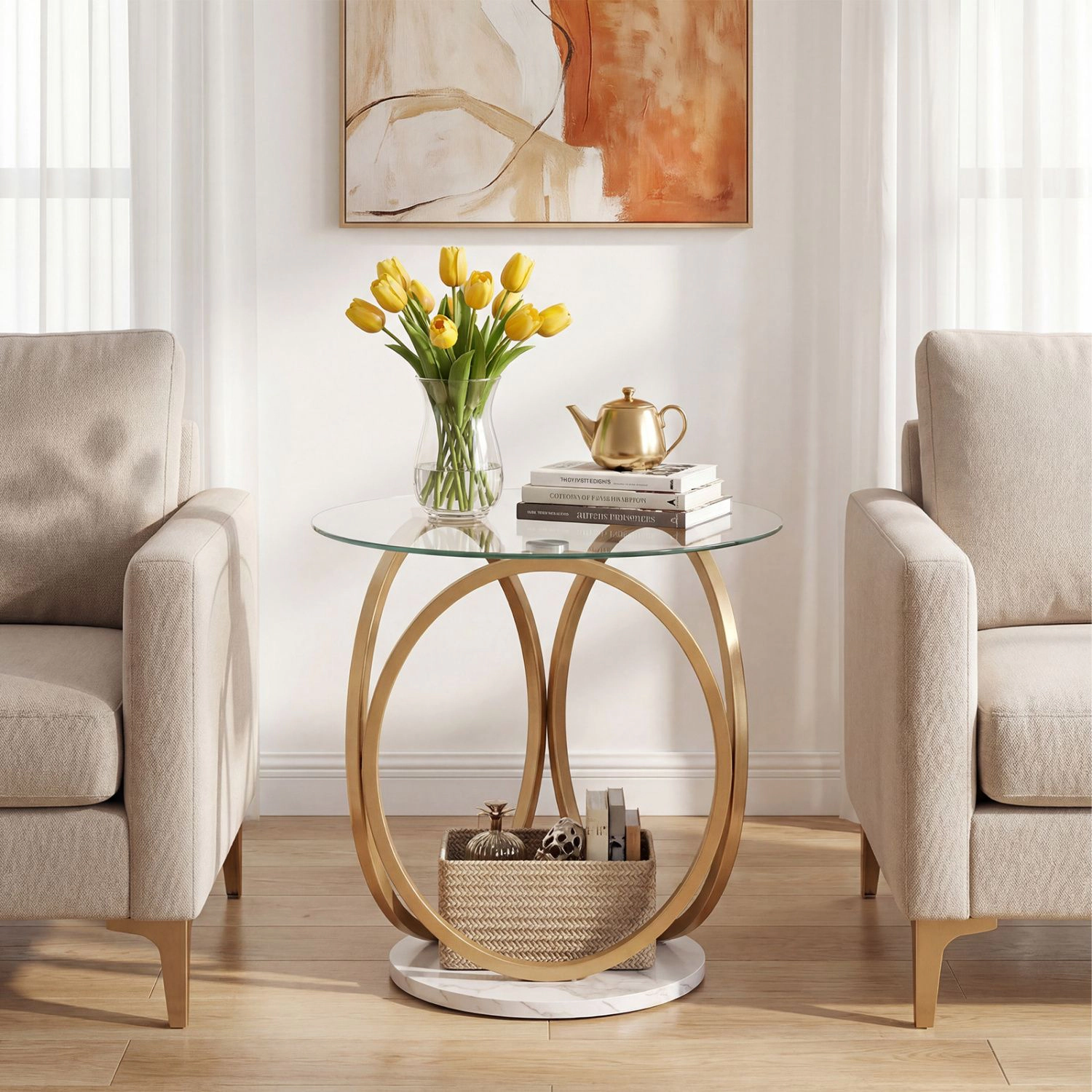 SlickBlue Tempered Glass Nightstand with Gold Metal Frame
