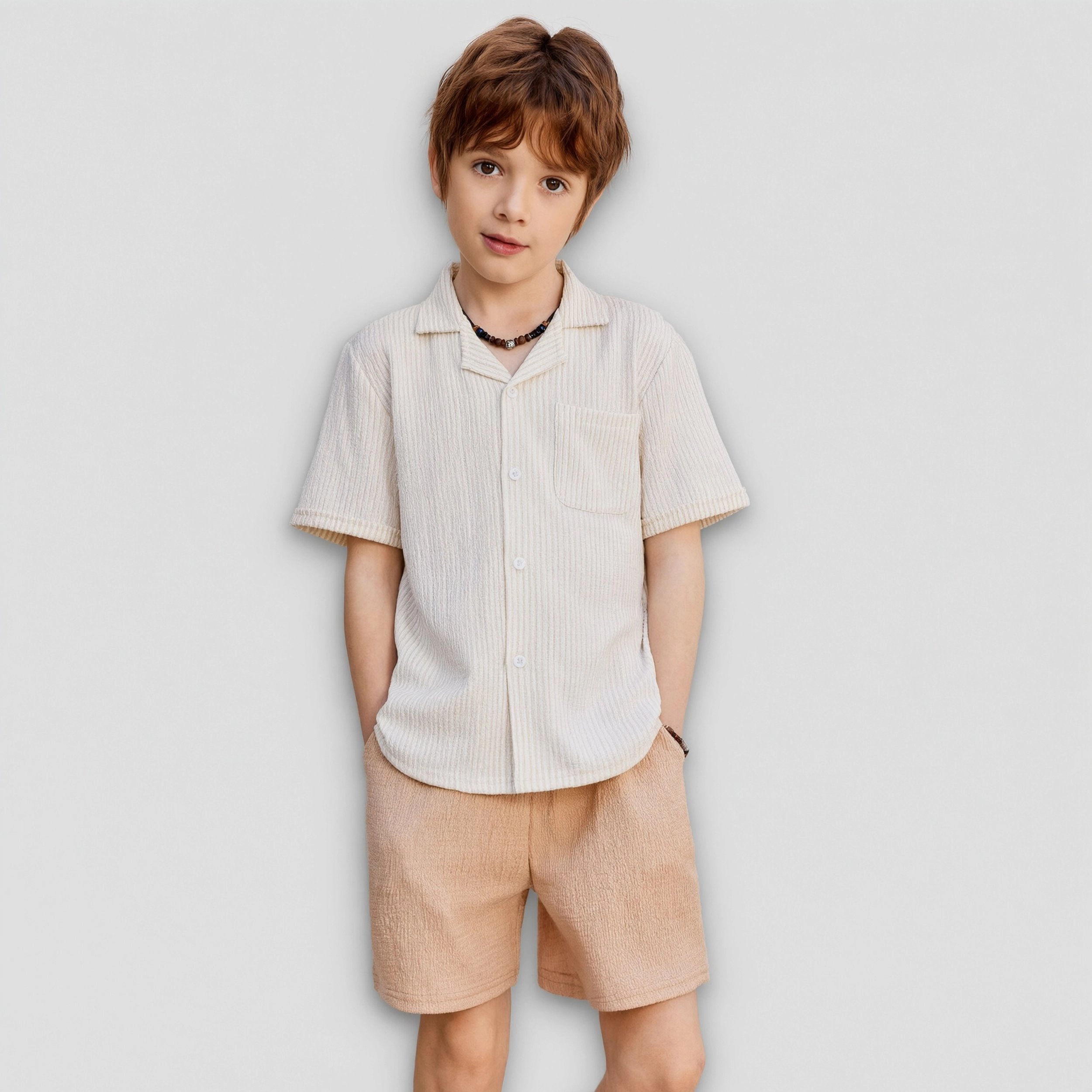 Arshiner Boys Ribbed Textured Outfits Short Sleeve Cuban Collar Shirt Shorts Set Summer