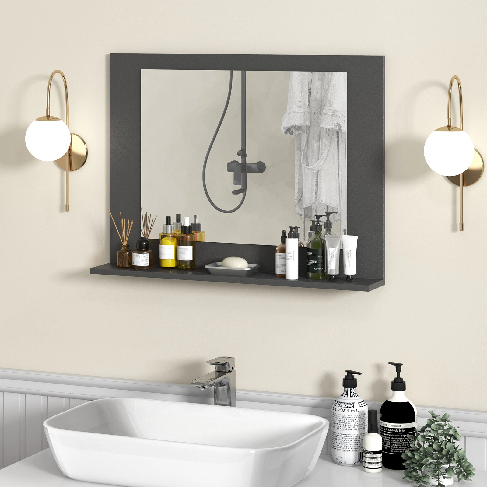 SUGIFT Rectangle Bathroom Mirror Gray 23.5 x 17.5 Inch with Wood Frame and Shelf