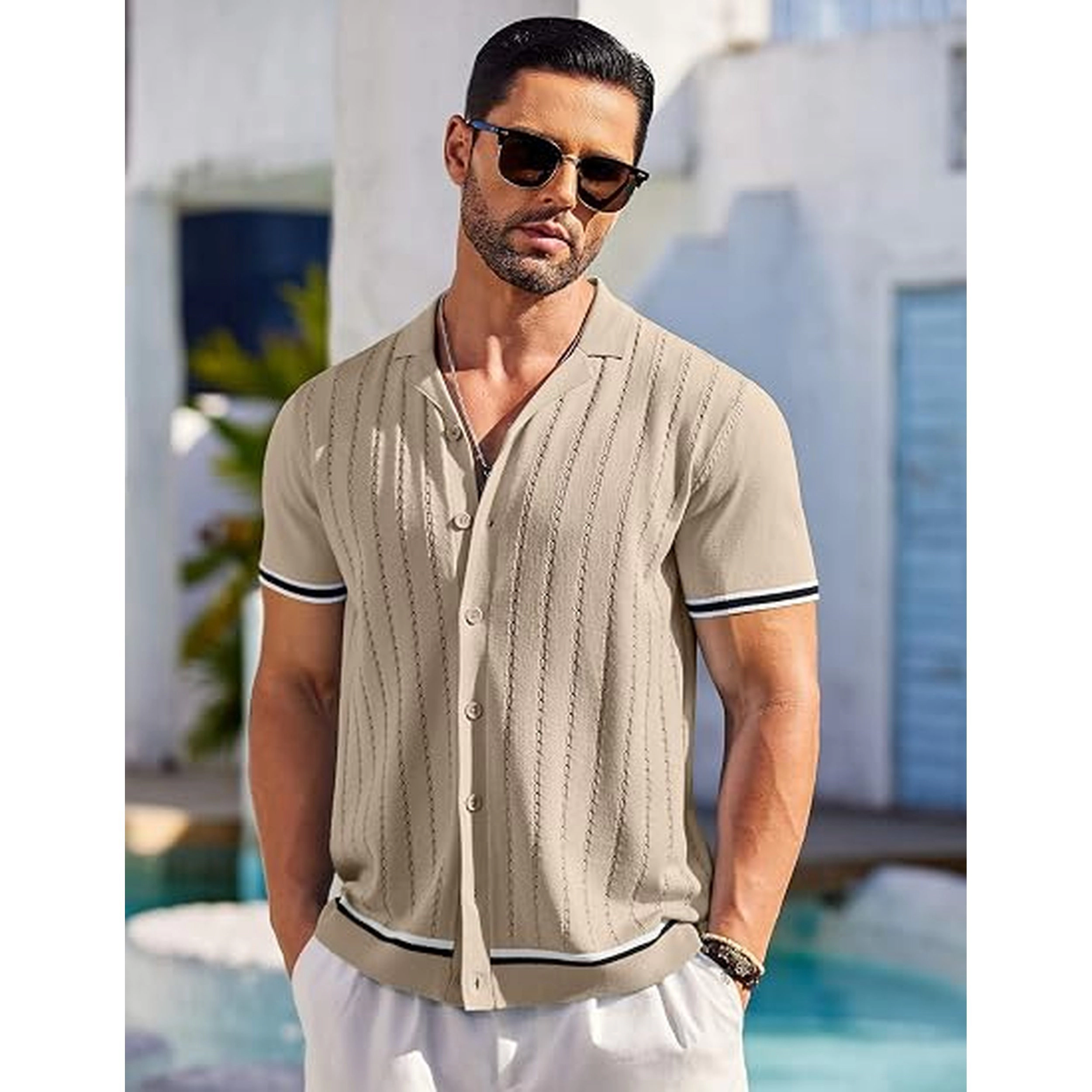 COOFANDY Men's Regular Fit Short Sleeve Knit Button Down Cardigan Shirt