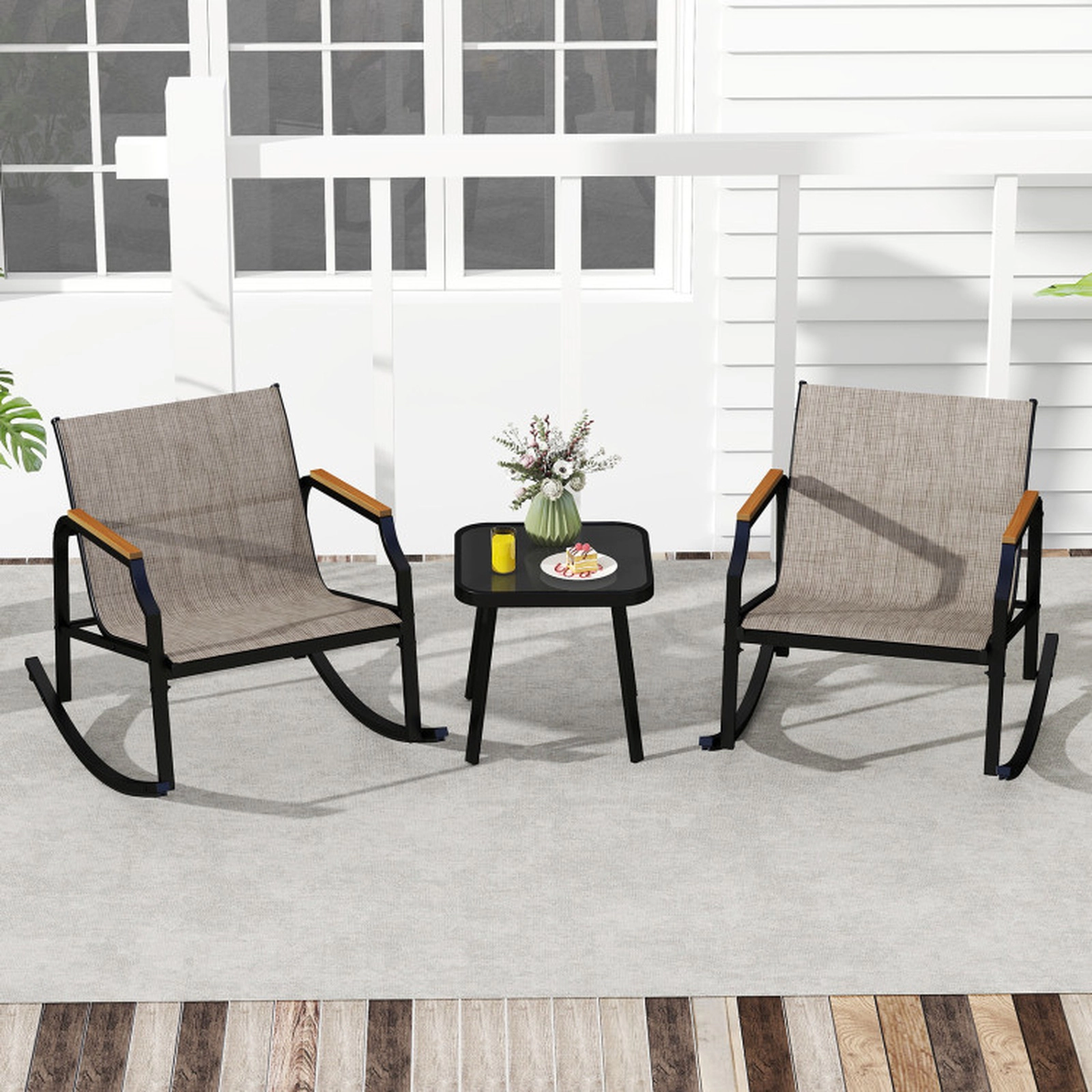 SUGIFT Patio Rocking Bistro Conversation Set with Tempered Glass Coffee Table 330-lb Rocking Chairs Black + Brown