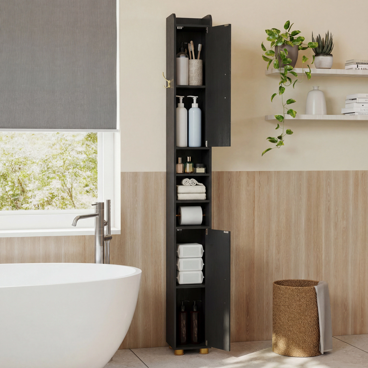 SlickBlue Slim Bathroom Storage Cabinet with Shelves, Hooks & Doors