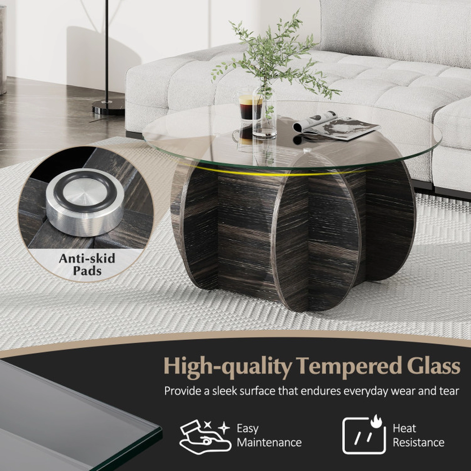 SUGIFT Round 8-mm Tempered Glass Top Hidden Compartment Coffee Table 35-in x 35-in x 18-in 220-lb Capacity Black