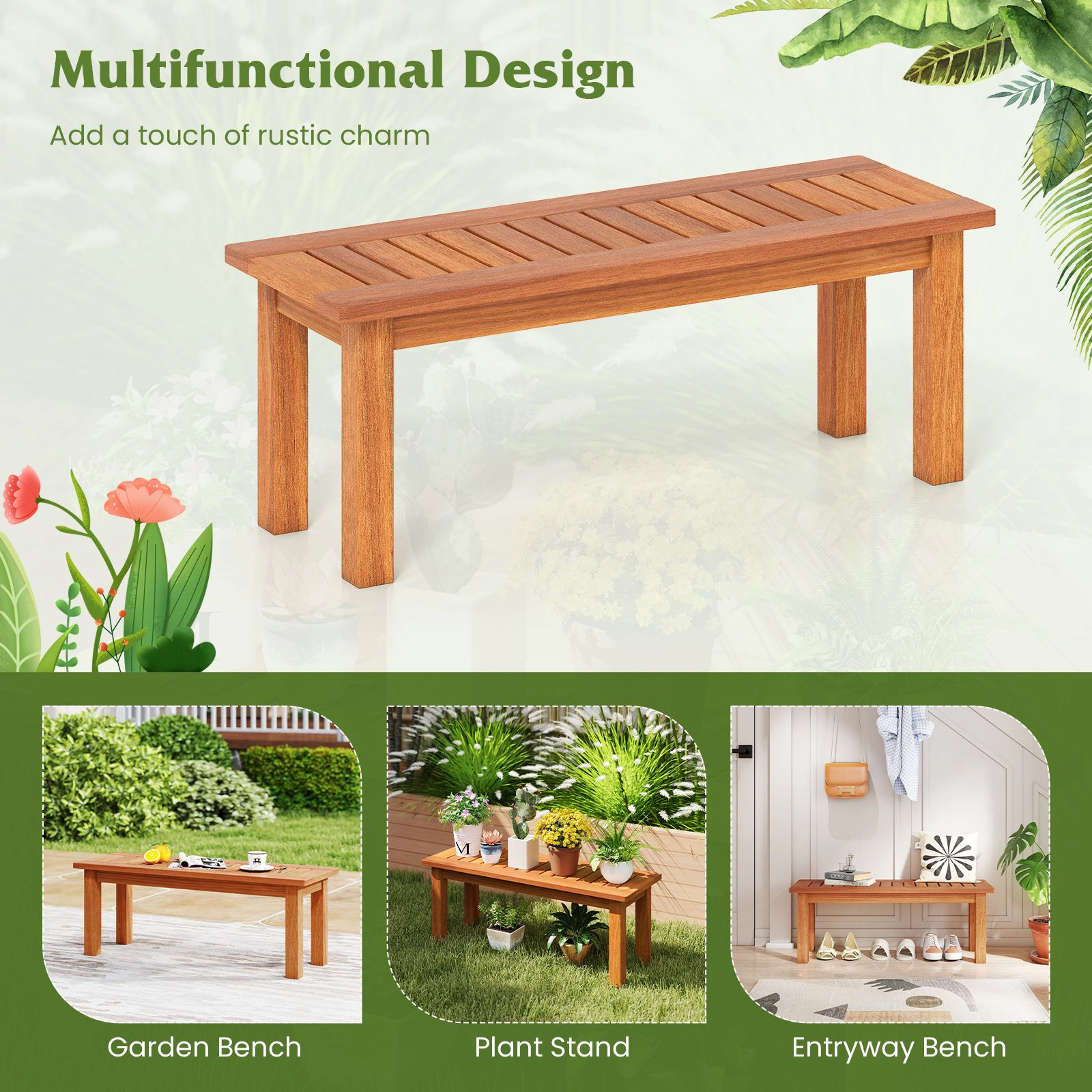 SlickBlue Wooden Plant Stand with Slatted Shelf for Outdoor Garden