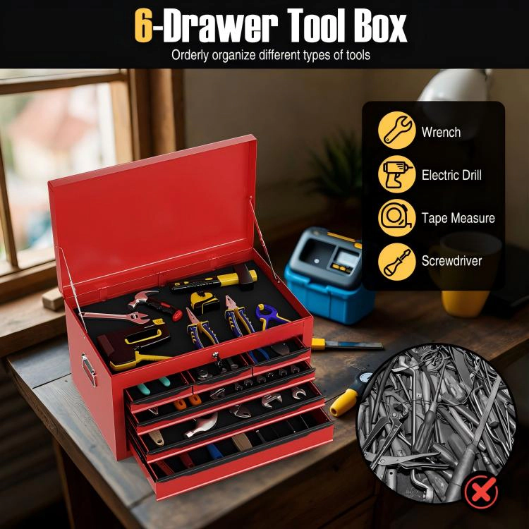 SUGIFT 6-Drawer Lockable Top Compartment Steel Tool Chest Case 24-in x 10.5-in x 14-in 120-lb Capacity Red