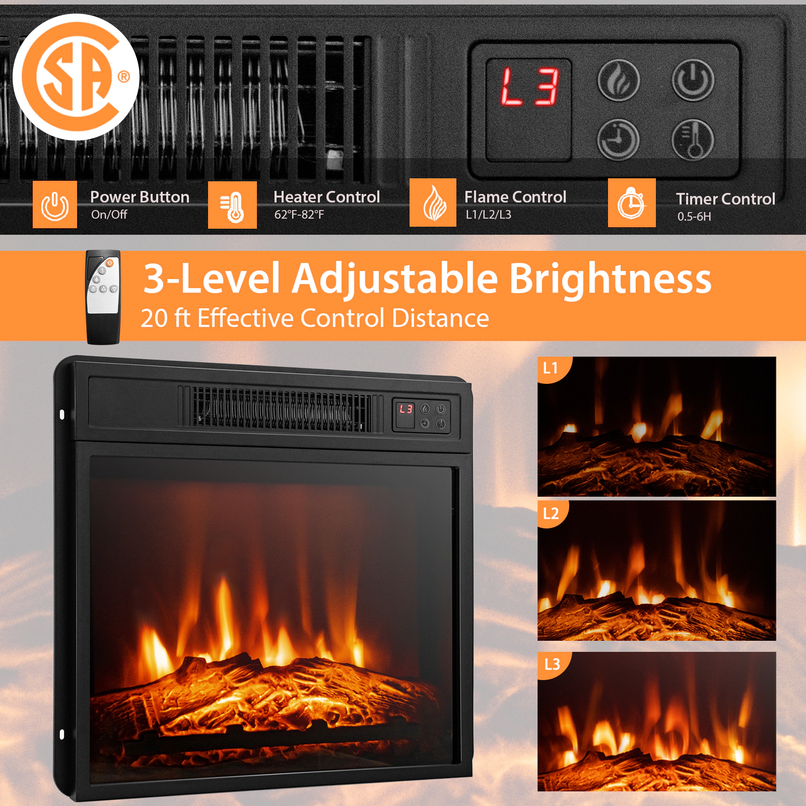 SUGIFT Brown Electric Fireplace TV Stand for TVs up to 65 Inches, 4777 BTU Heater, 16-Color LED