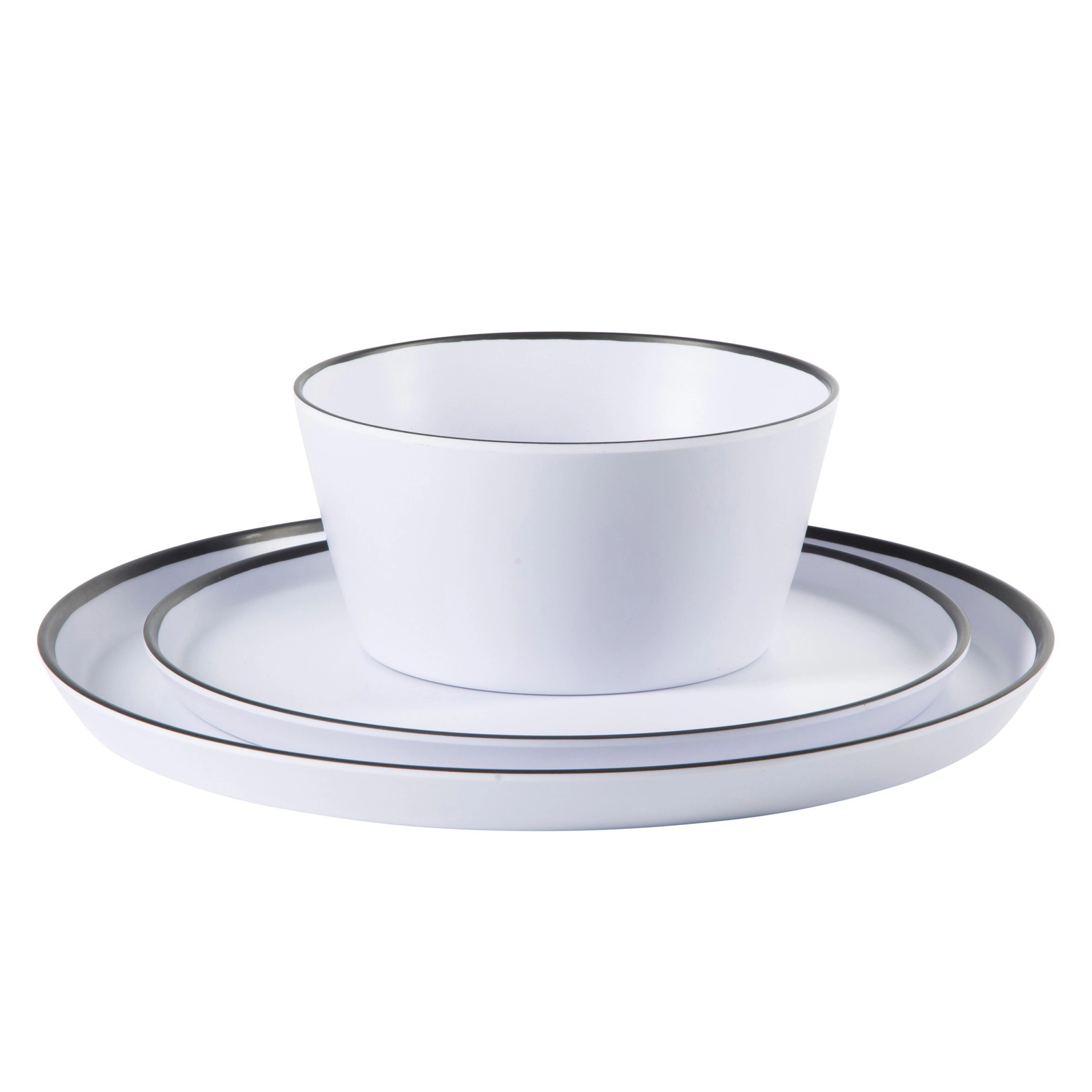 Gibson Home Folsom Shores 12 Piece Melamine Dinnerware Set in White w/ Black Rim