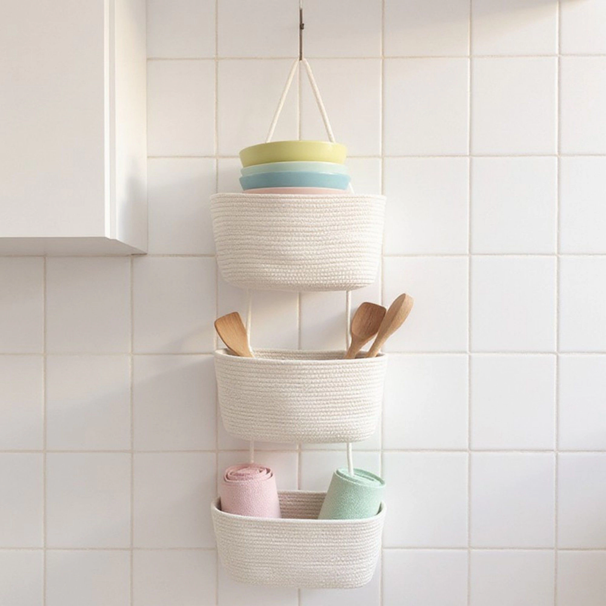 Alilang Women 3-Tier Hanging Rope Basket Organizer with Braided Design and Loop Handle 17.5in (5.5x2.8in)