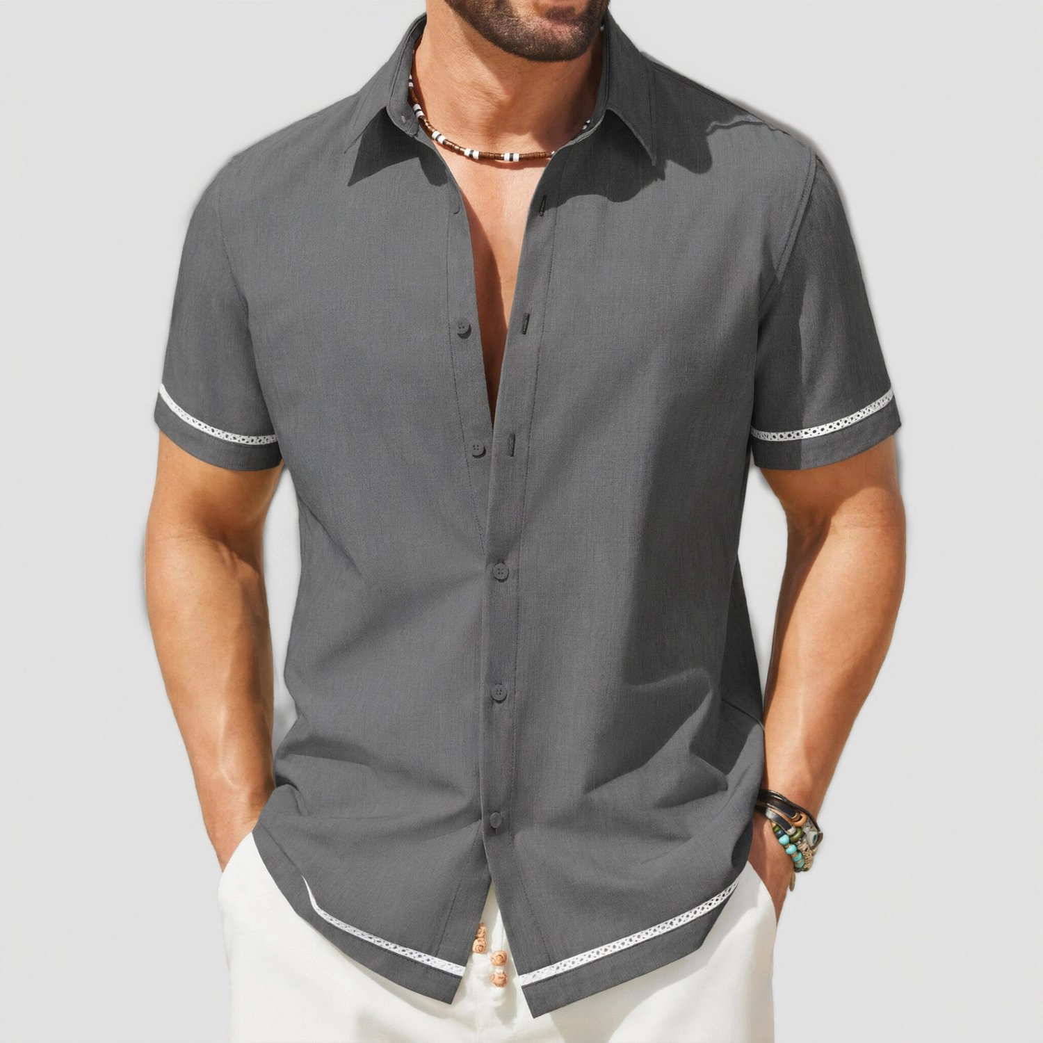 COOFANDY Mens Short Sleeve Button Down Shirts  Lapel Collar Eyelet Trim Tops