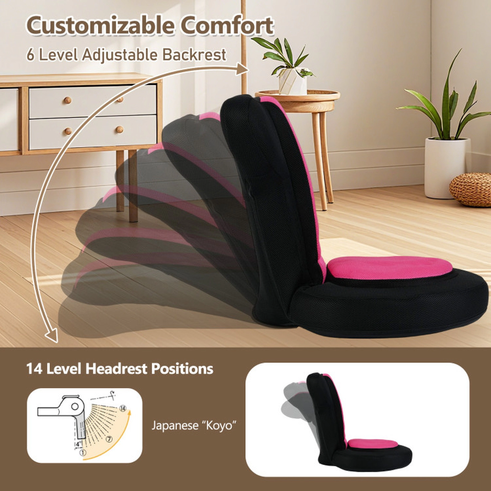 SUGIFT 2-in-1 Floor Gaming Leisure Chair with Adjustable Headrest and Backrest 310-lb Capacity Black + Pink
