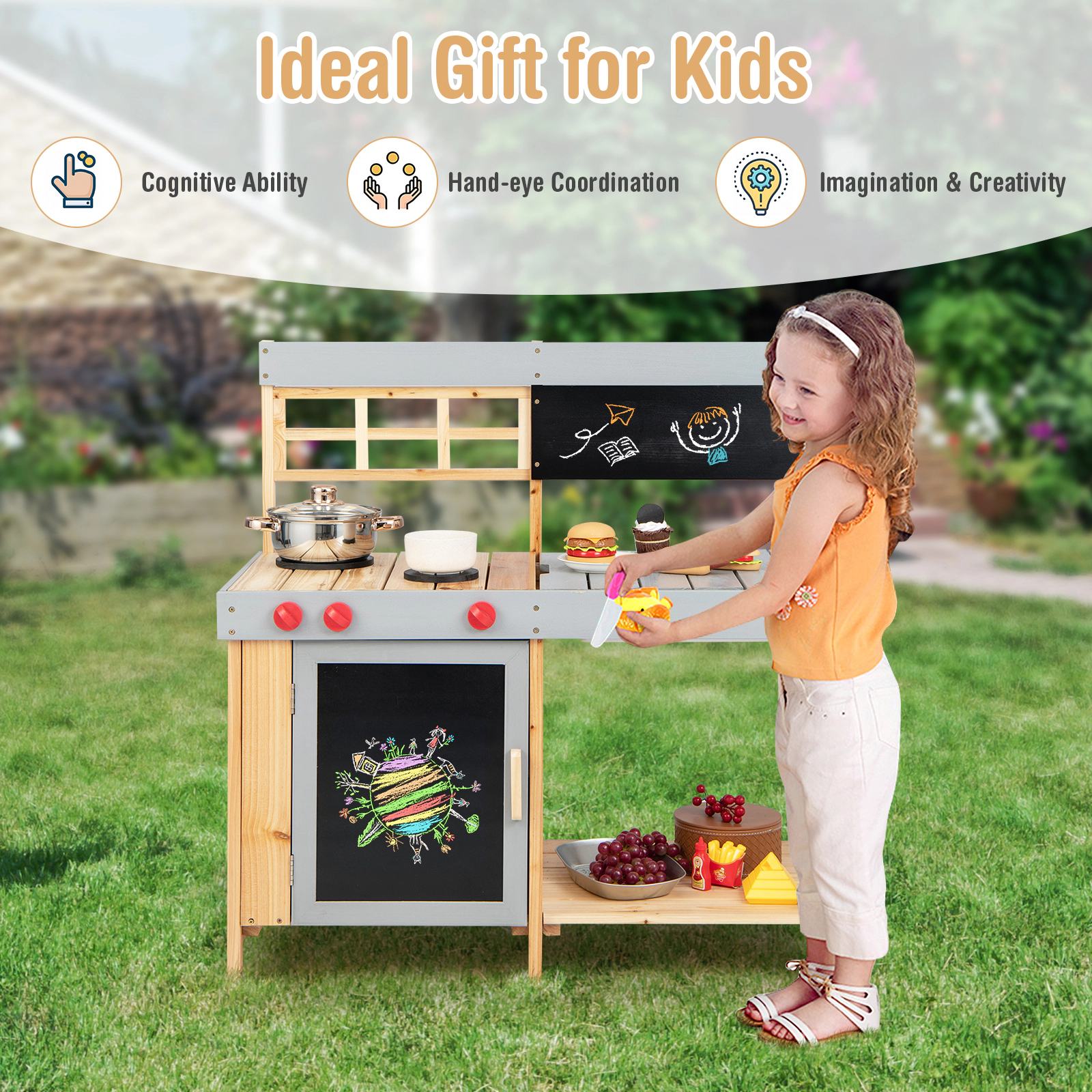 SUGIFT Toddler Natural Mud Kitchen Set with Detachable Water Box and Blackboard 35-in W 35.5-in H Ages 3+