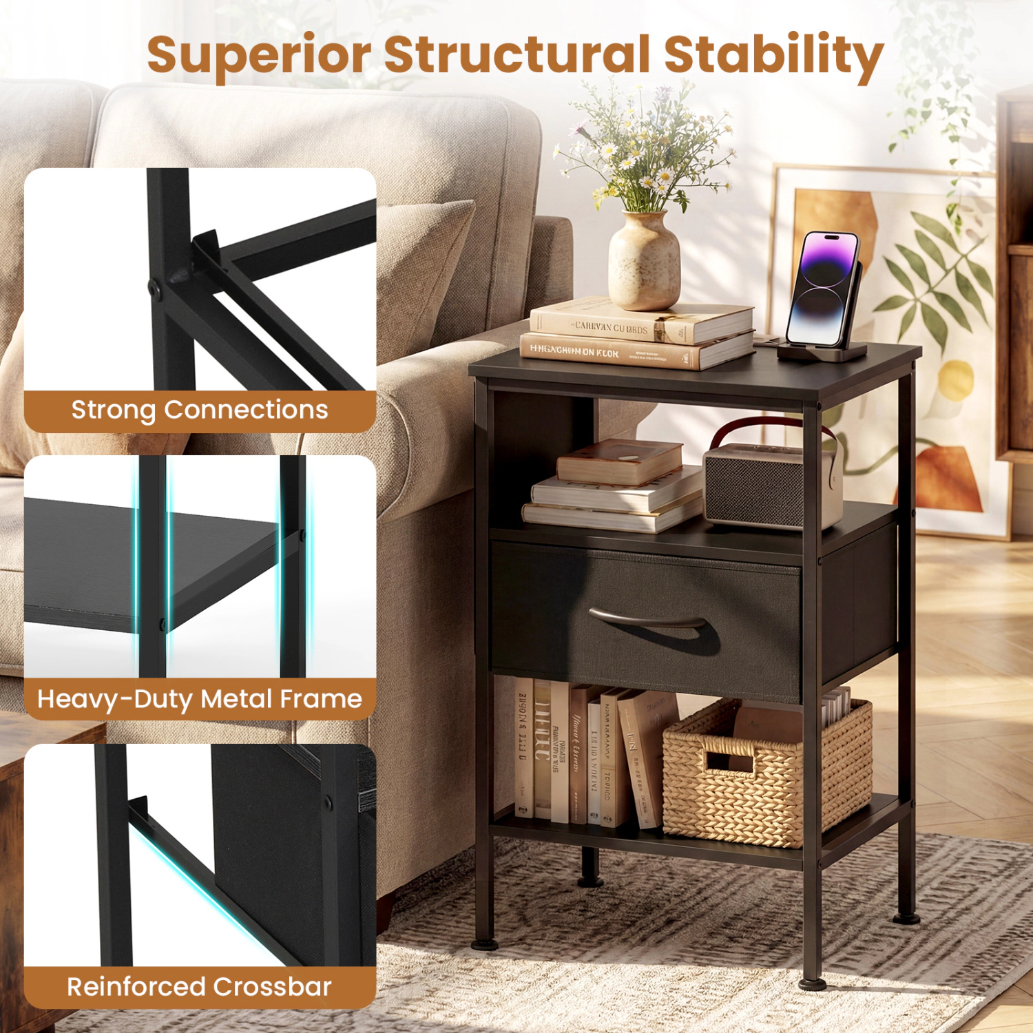Hivvago Nightstand with Charging Station 24.5 inch Modern Bedside Table Fabric Drawer