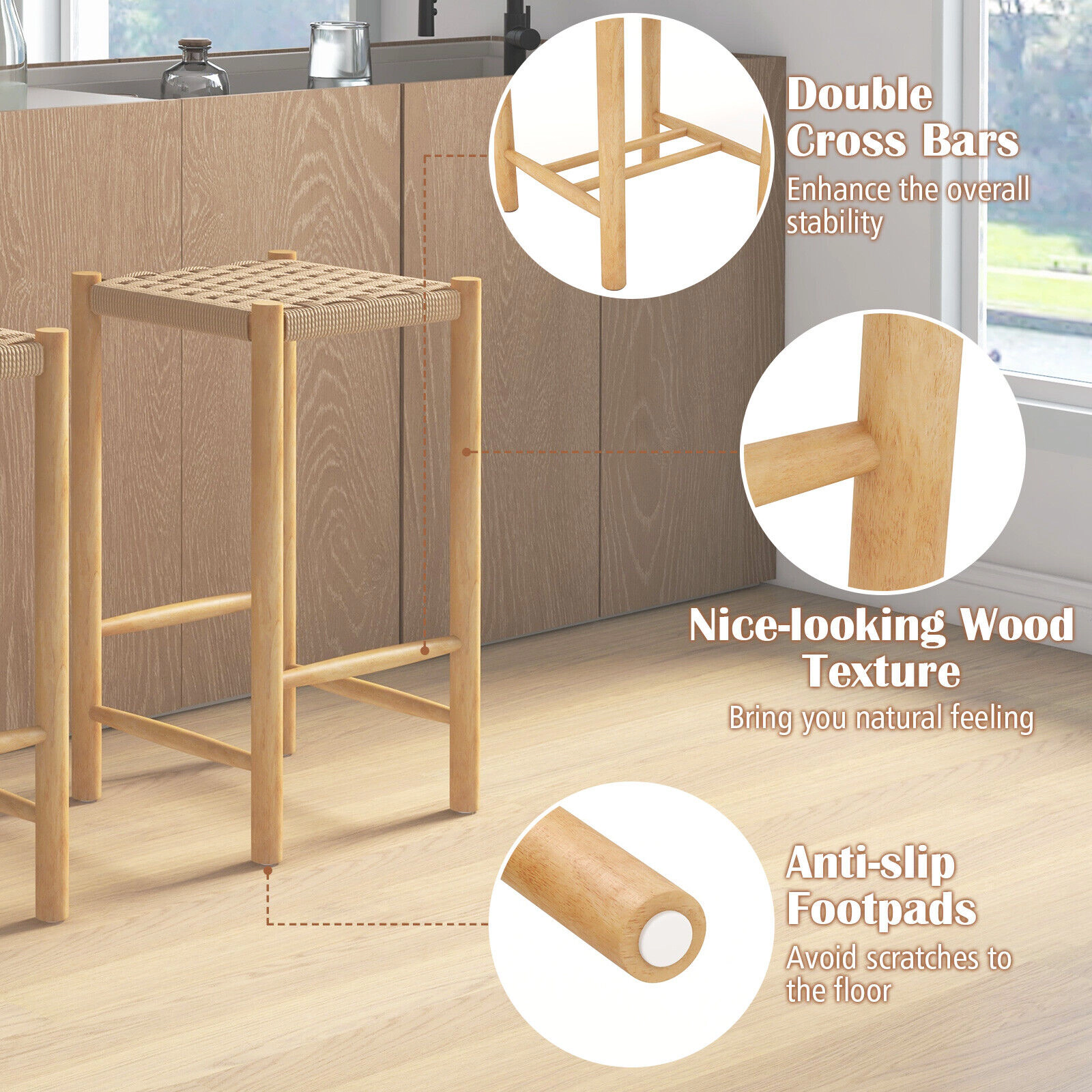SUGIFT Woven Paper Rope Seat 330-lb Set of 2 Natural Rubber Wood Bar Stools