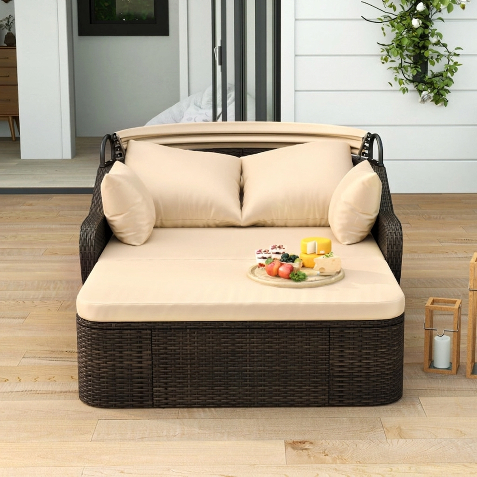 SUGIFT Beige Retractable Canopy and 6 ft Lying Area Patio PE Rattan Daybed