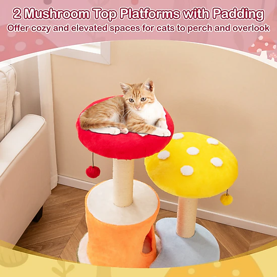 Glintex 43-Inch Colorful Mushroom Cat Tree with 2 Condos and 2 Padded Platforms, Multicolor