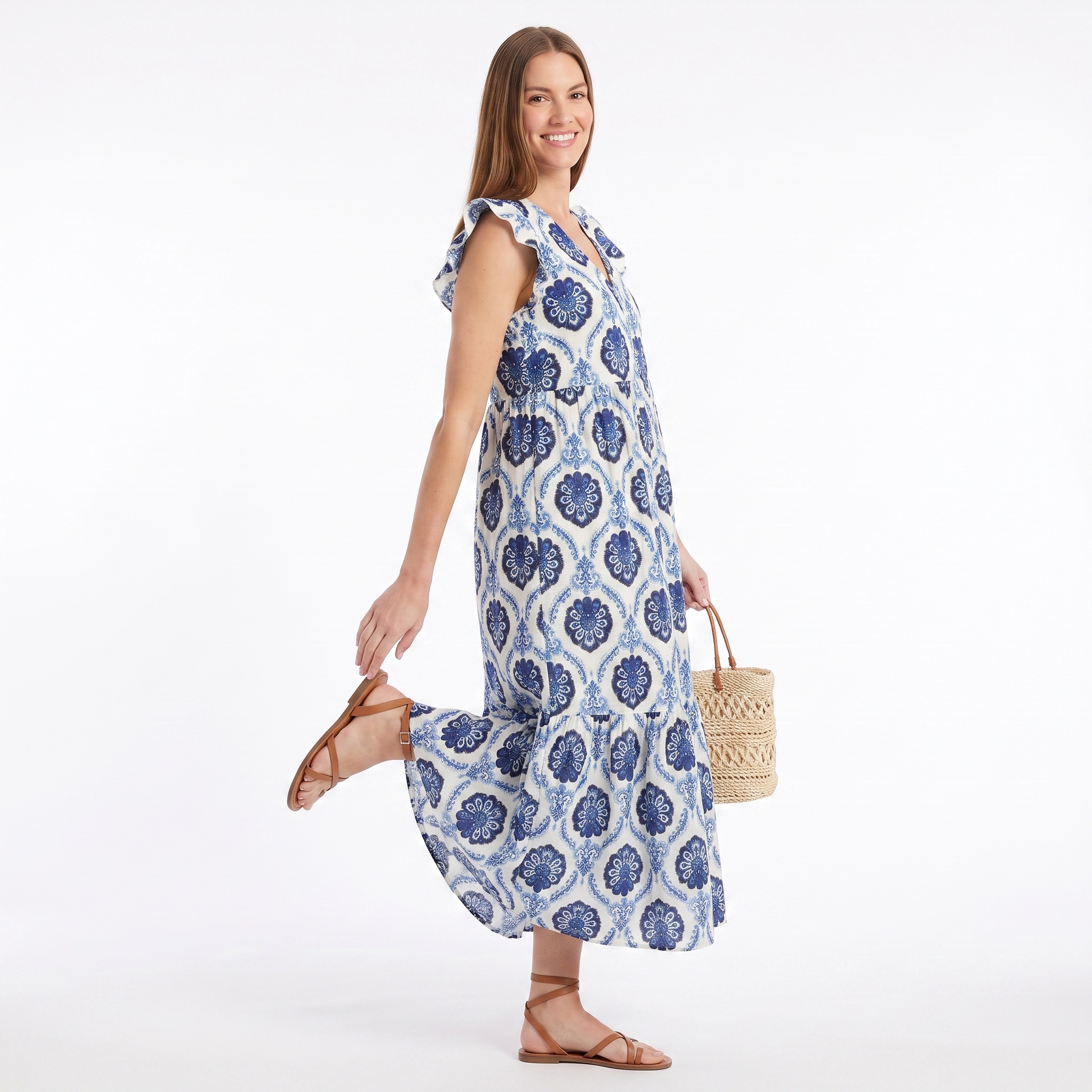 Anna-Kaci Women's V-Neck Ruffle Cap Sleeve Paisley Tiered Midi Dress