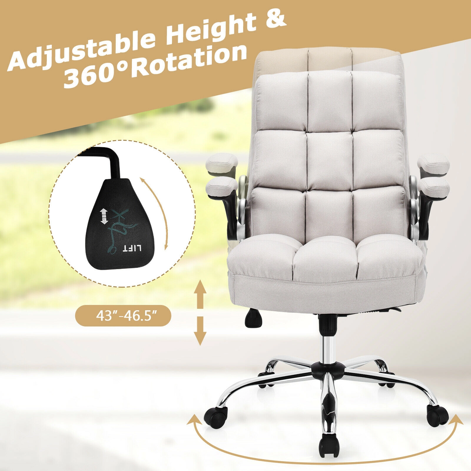 SUGIFT Big and Tall 400-lb Capacity High Back Swivel Desk Chair with Flip-Up Arms and Linen Upholstery