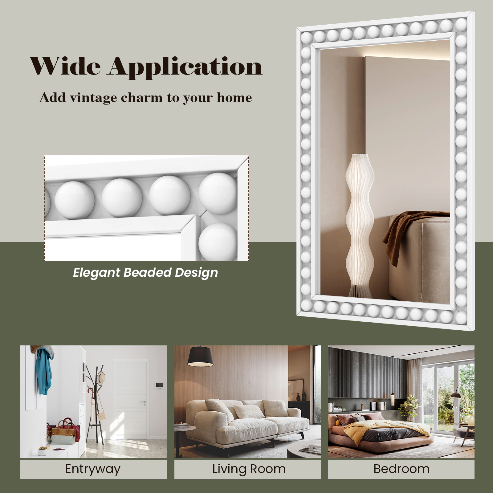 SUGIFT Beaded Frame Solid Rubber Wood Farmhouse Rectangular Wall Mirror 36-in x 24-in 1-in Thick 16.5-lb White