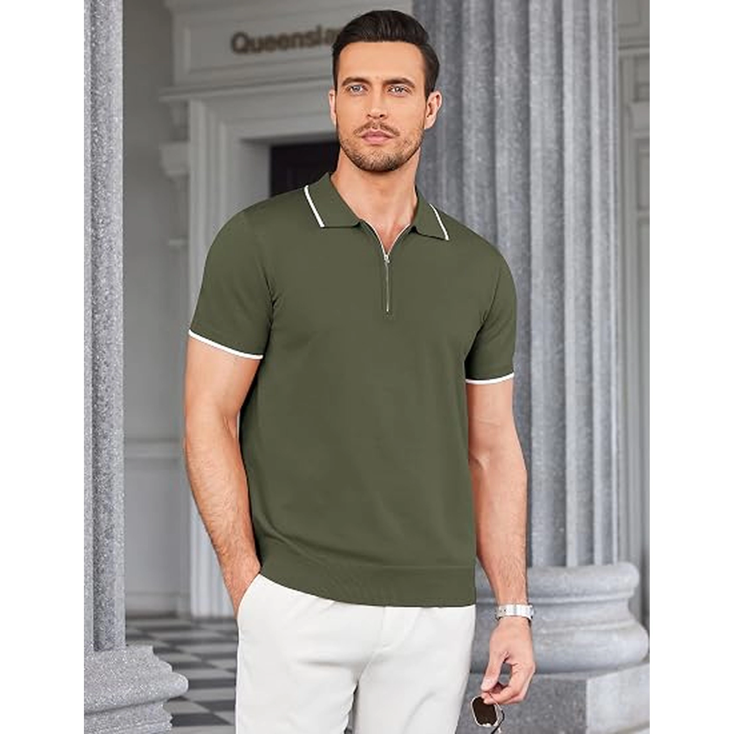 COOFANDY Men's Regular Fit Short Sleeve Zip Collar Polo Shirt