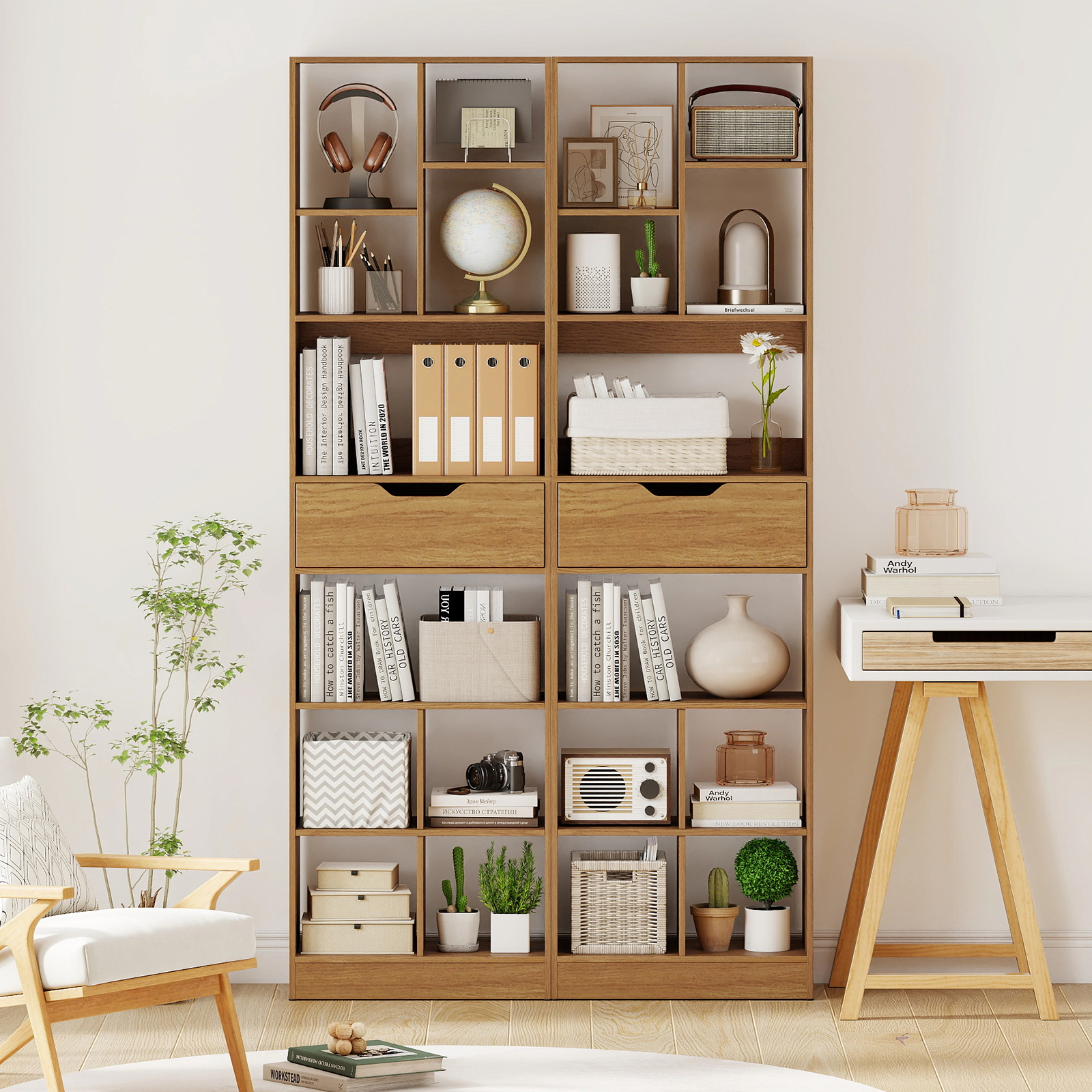 SUGIFT 10-Cube 205-lb Capacity 71-in Tall Natural Wood Bookshelf with Drawer and Anti-Fall Guard