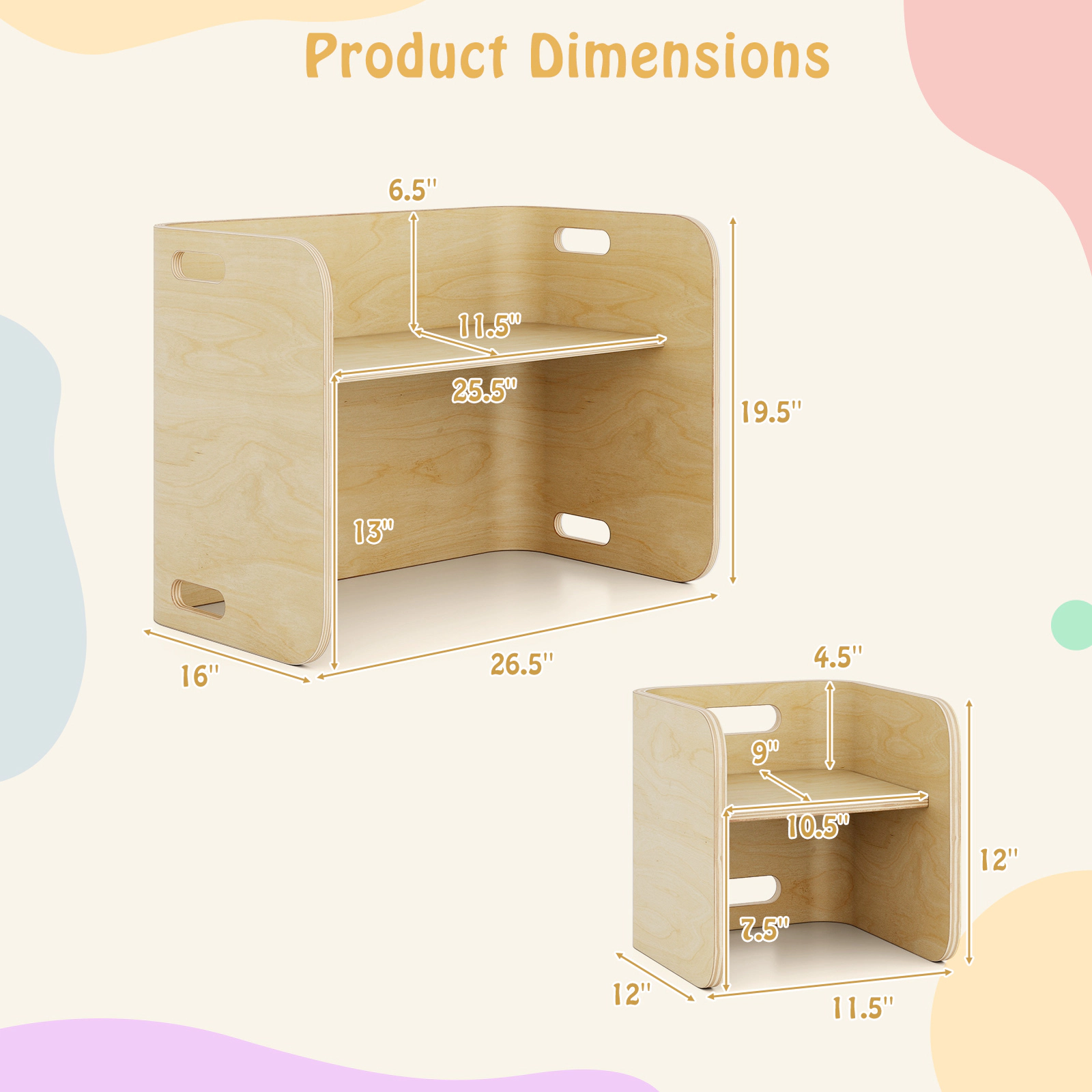 SUGIFT Natural Multifunctional Stool Desk Shelf Kids 3-Piece Birch Wood Table and Chair Set