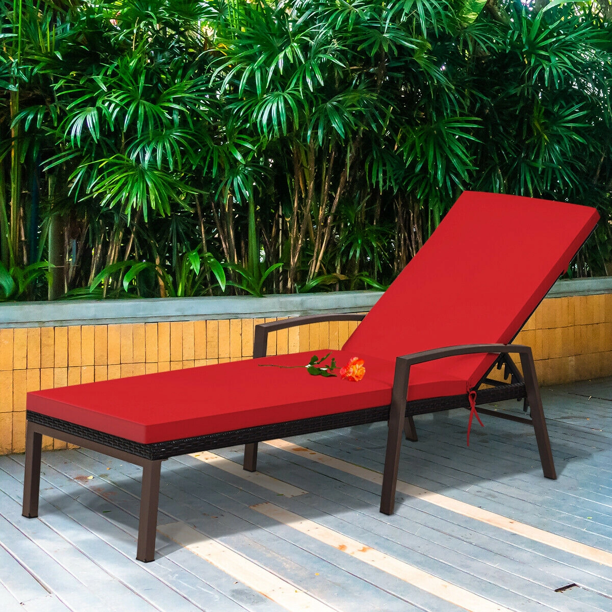 SUGIFT Adjustable Backrest Patio Rattan Lounge Chaise Recliner 400-lb Capacity with Cushion Red/White/Turquoise