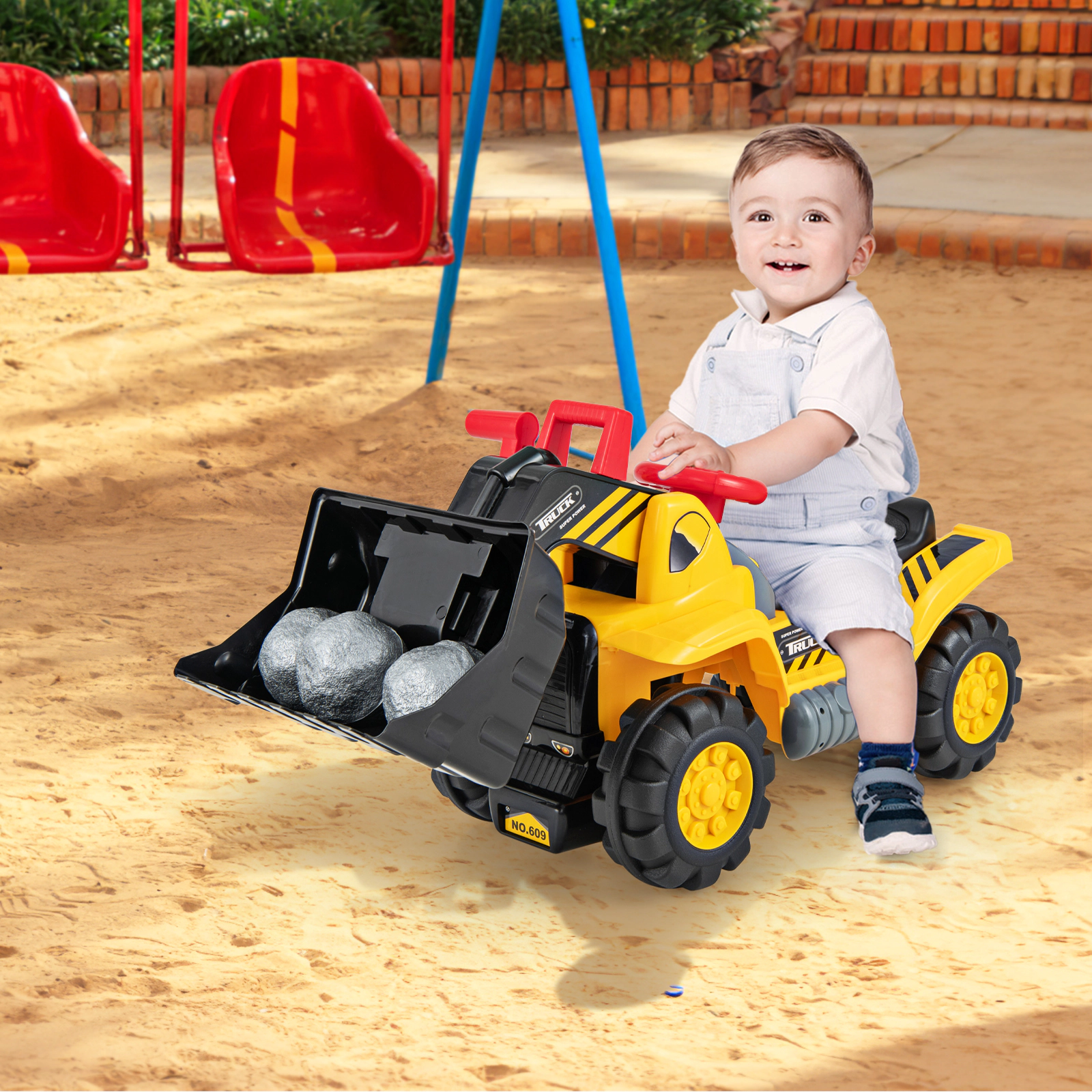 SUGIFT Adjustable Bucket Ride On Bulldozer Toy Play Truck 55-lb Capacity Ages 3+ Yellow with Helmet and Toy Stones