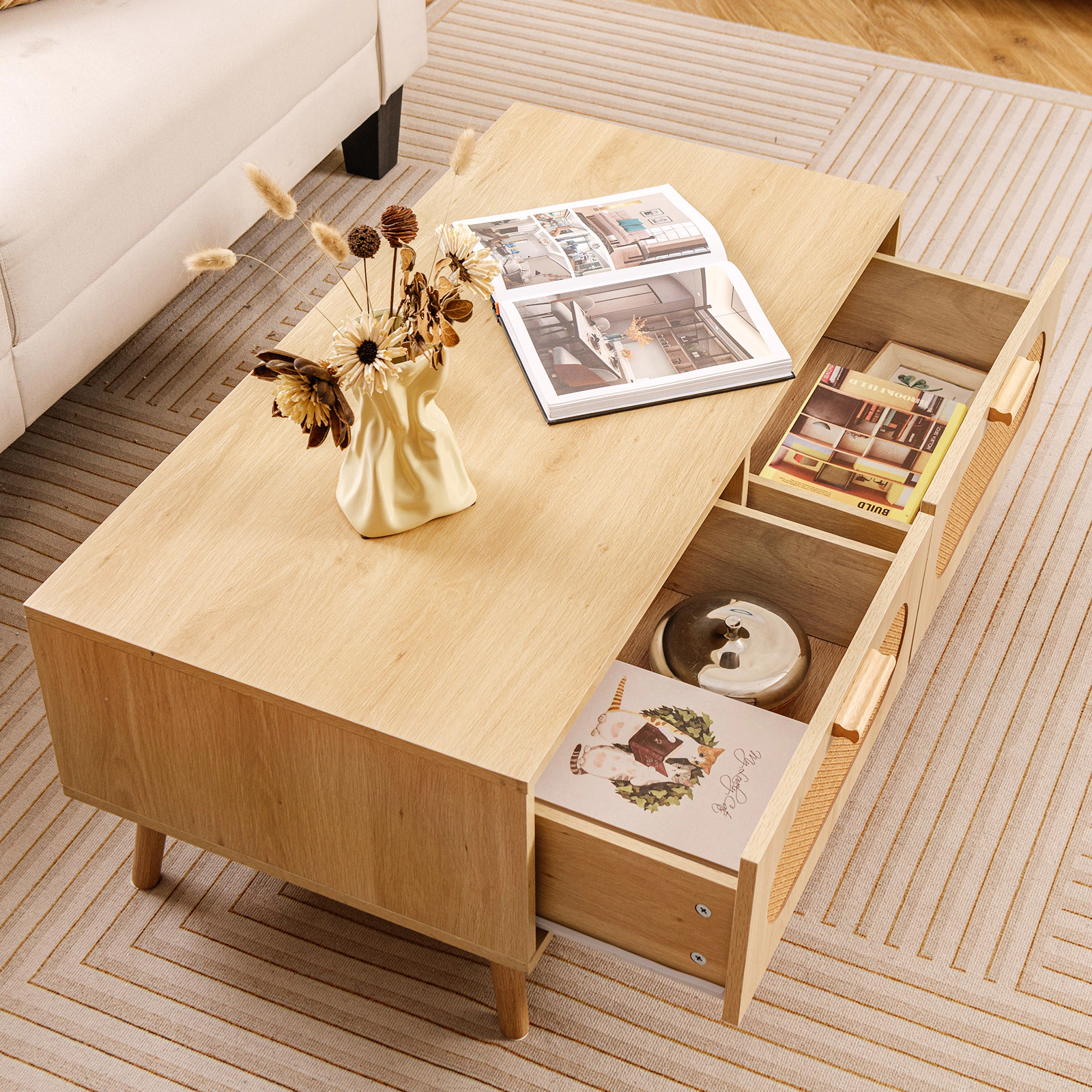 SUGIFT Rattan Coffee Table Mid Century Modern Center Table with 2 Storage Drawers 132-lb Tabletop Capacity Natural